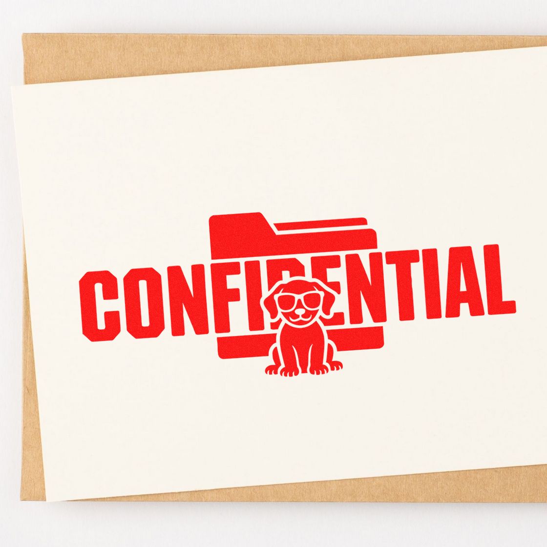 Confidential rubber stamp design with folder icon and dog logo for secure business documents and mailing