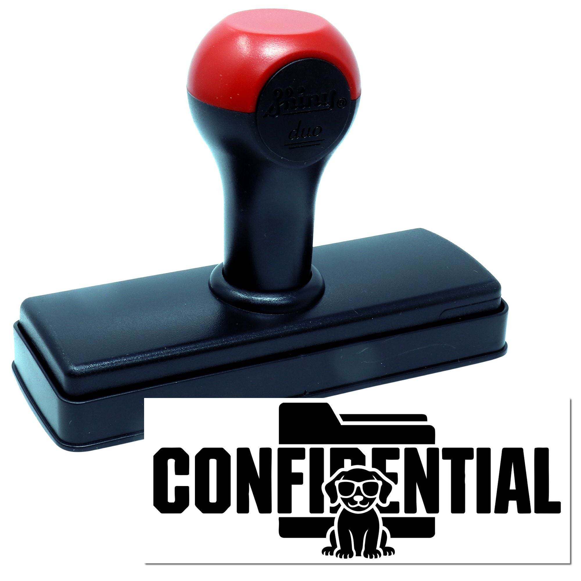 Self-inking confidential rubber stamp with custom logo imprint for office documents and secure file marking.