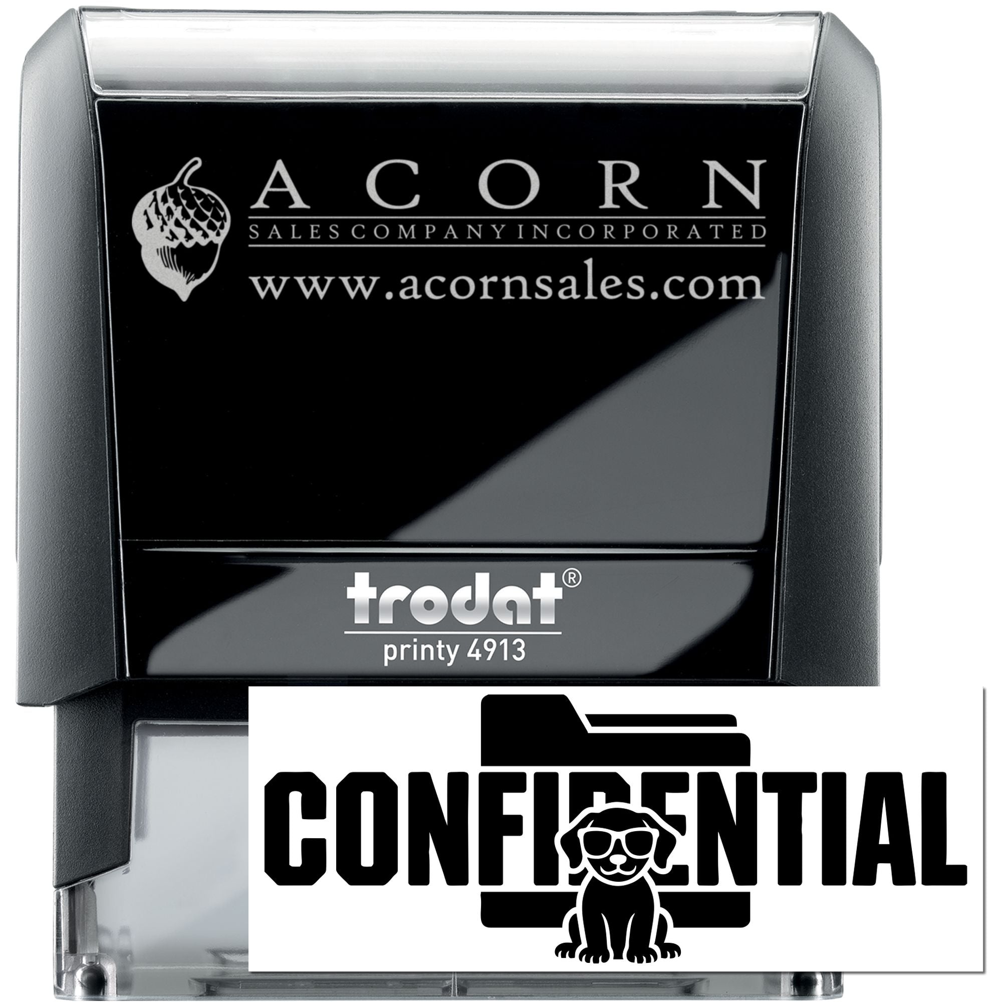 Custom self-inking rubber stamp for business branding with Acorn Sales logo and confidential imprint, Trodat Printy 4913.