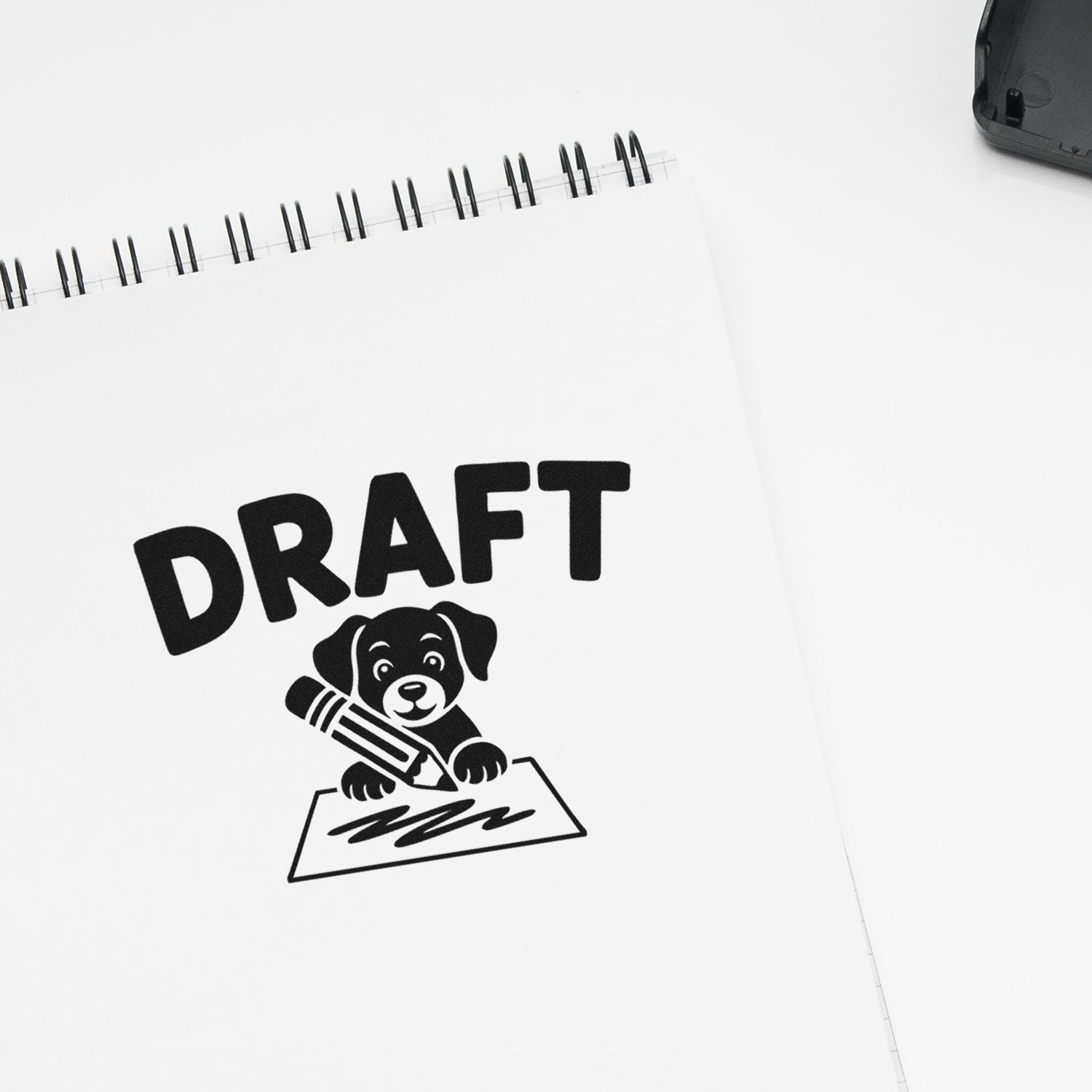 Draft rubber stamp design with dog and pencil, ideal for marking documents, sketches, and proofs.
