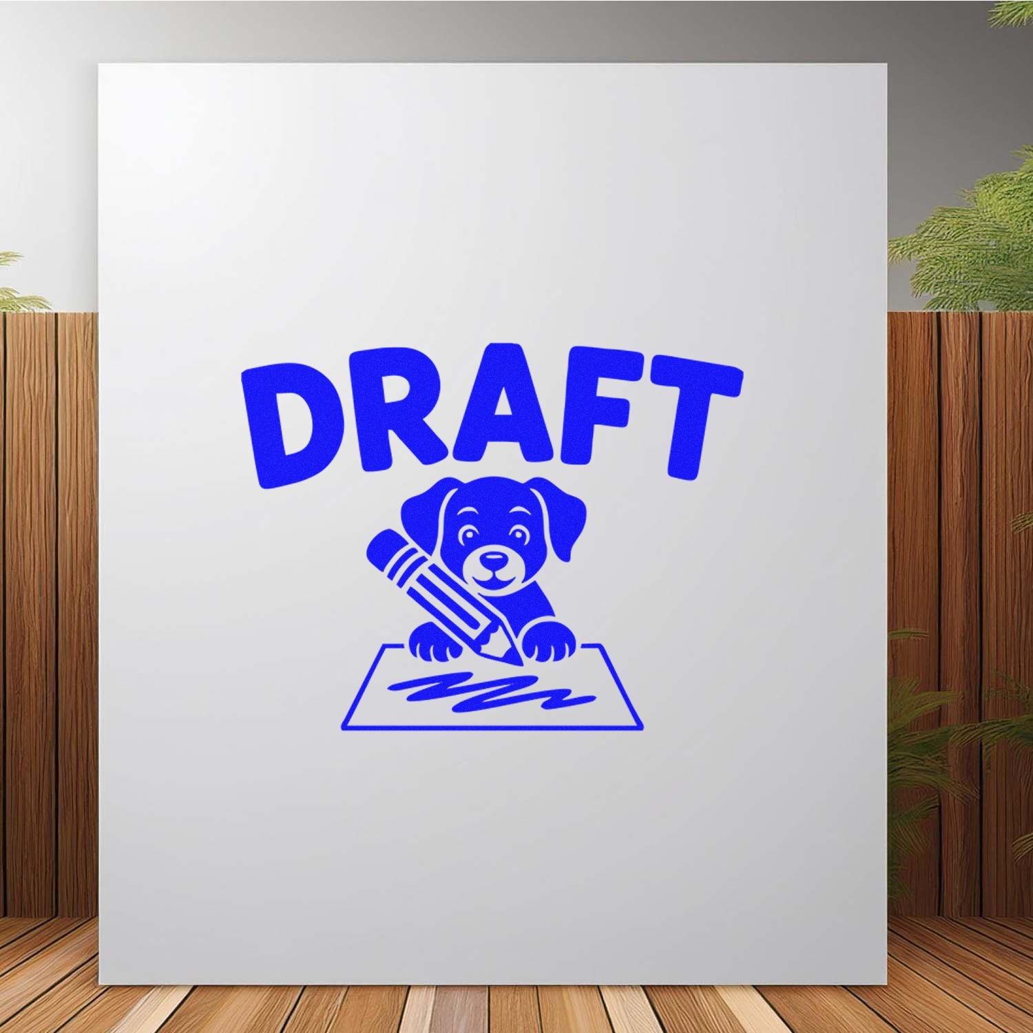 Draft rubber stamp design with puppy drawing a pencil, ideal for marking drafts, proofing, and office approvals.