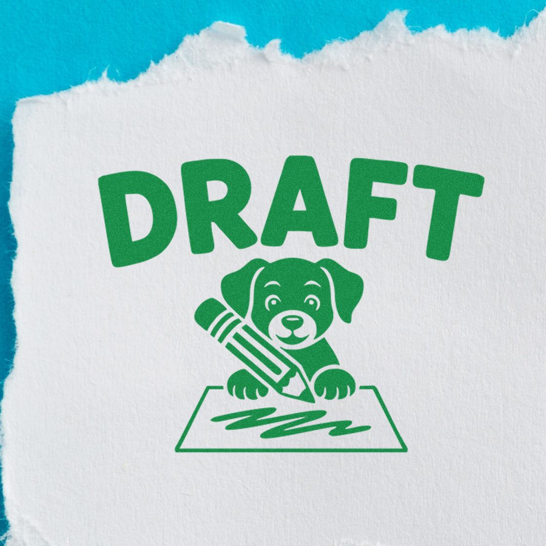 Draft rubber stamp design with puppy holding a pencil, ideal for marking creative sketches and document drafts.