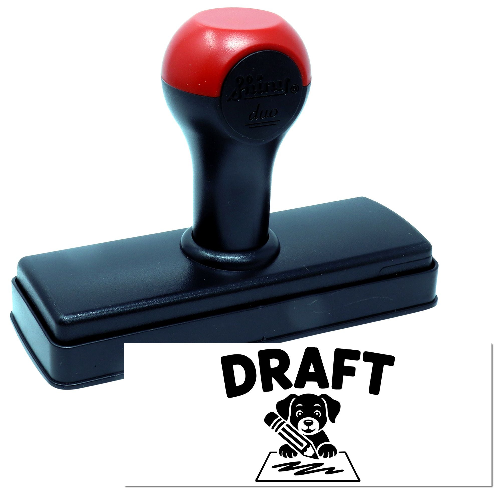 Self-inking rubber stamp with DRAFT imprint for marking office documents, forms, and paperwork.