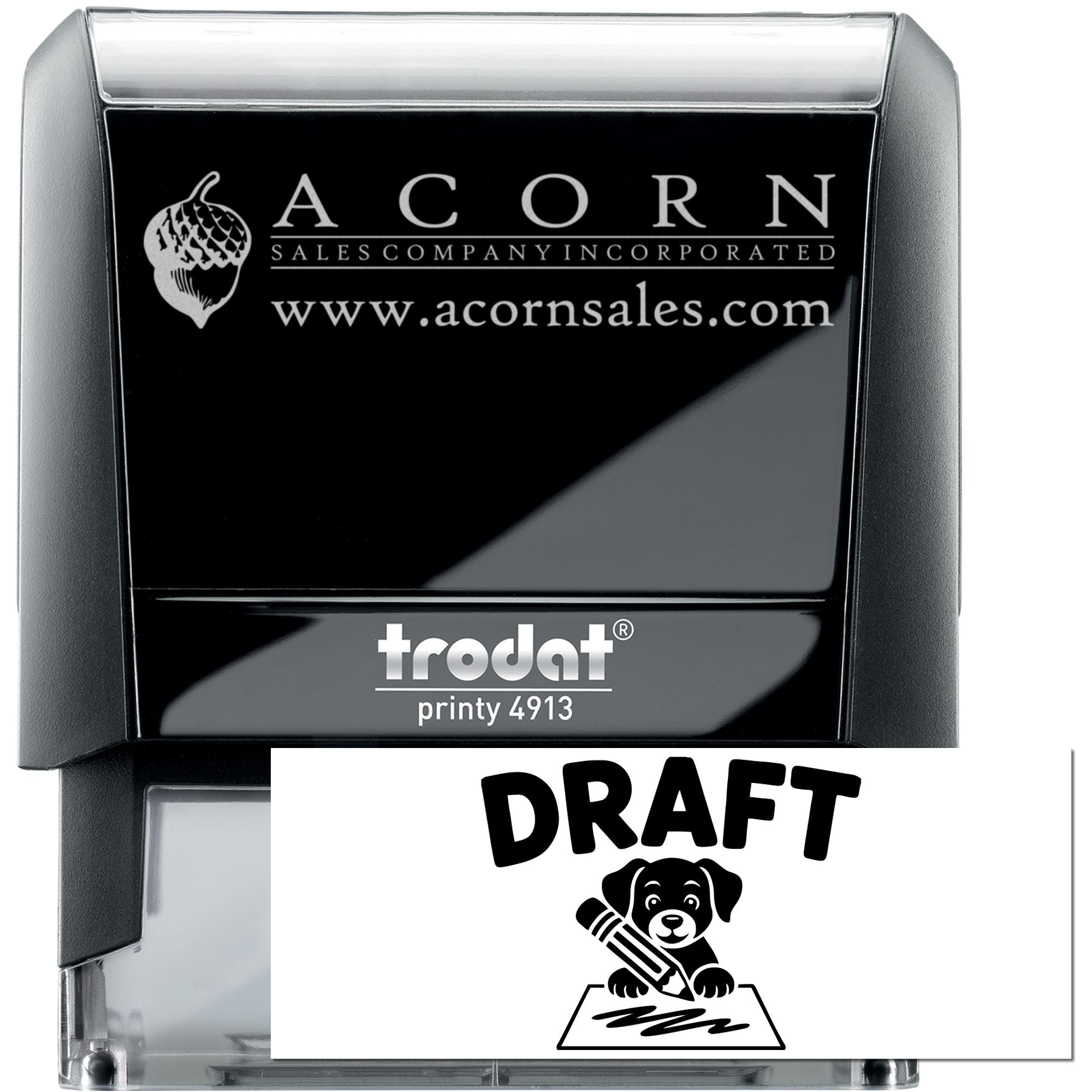 Custom Trodat Printy 4913 self-inking rubber stamp with Acorn Sales logo and draft imprint for business branding.