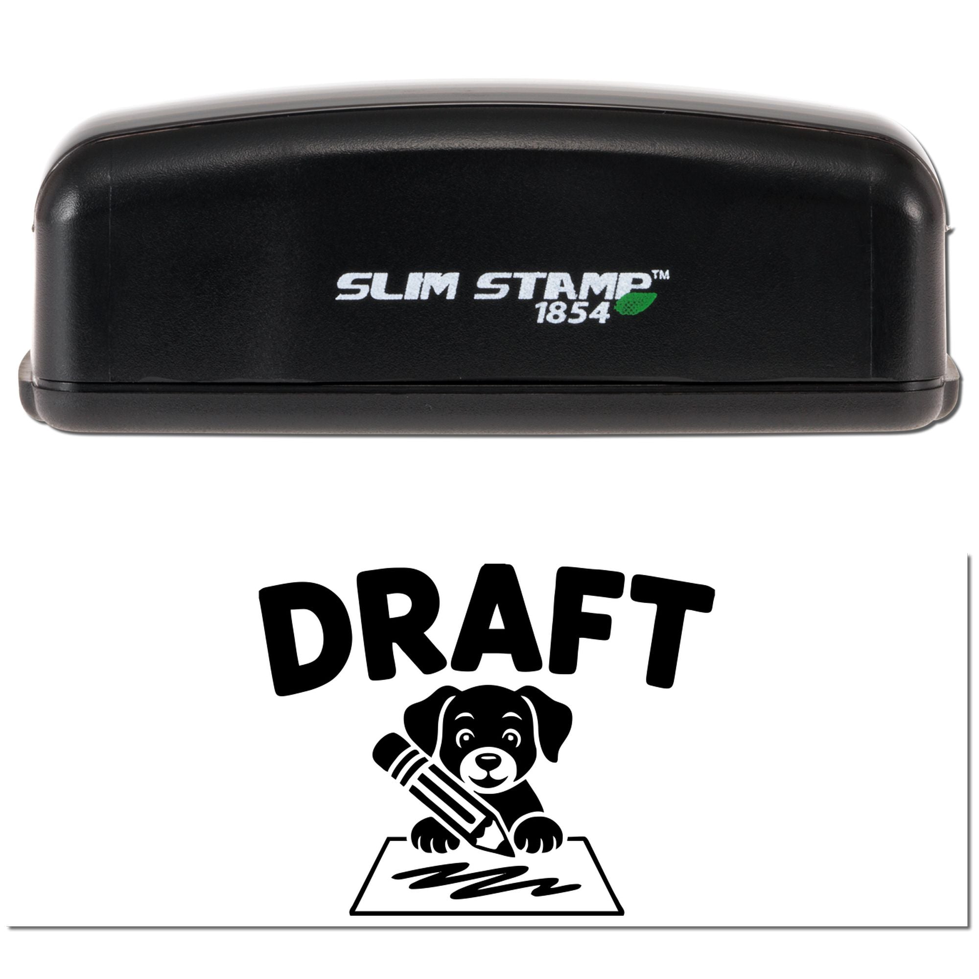 Self-inking rubber stamp displaying DRAFT with dog-and-pencil icon, ideal for document review marking.