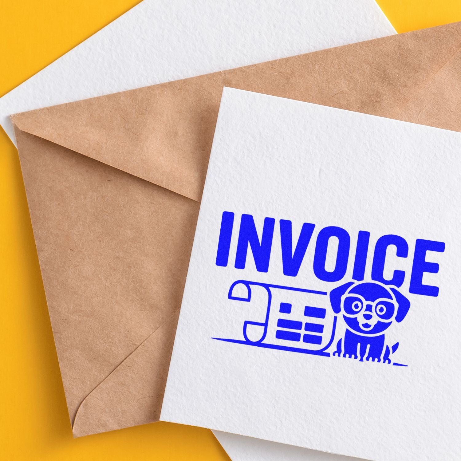 Blue invoice rubber stamp on white paper and kraft envelope for business mailing and billing organization