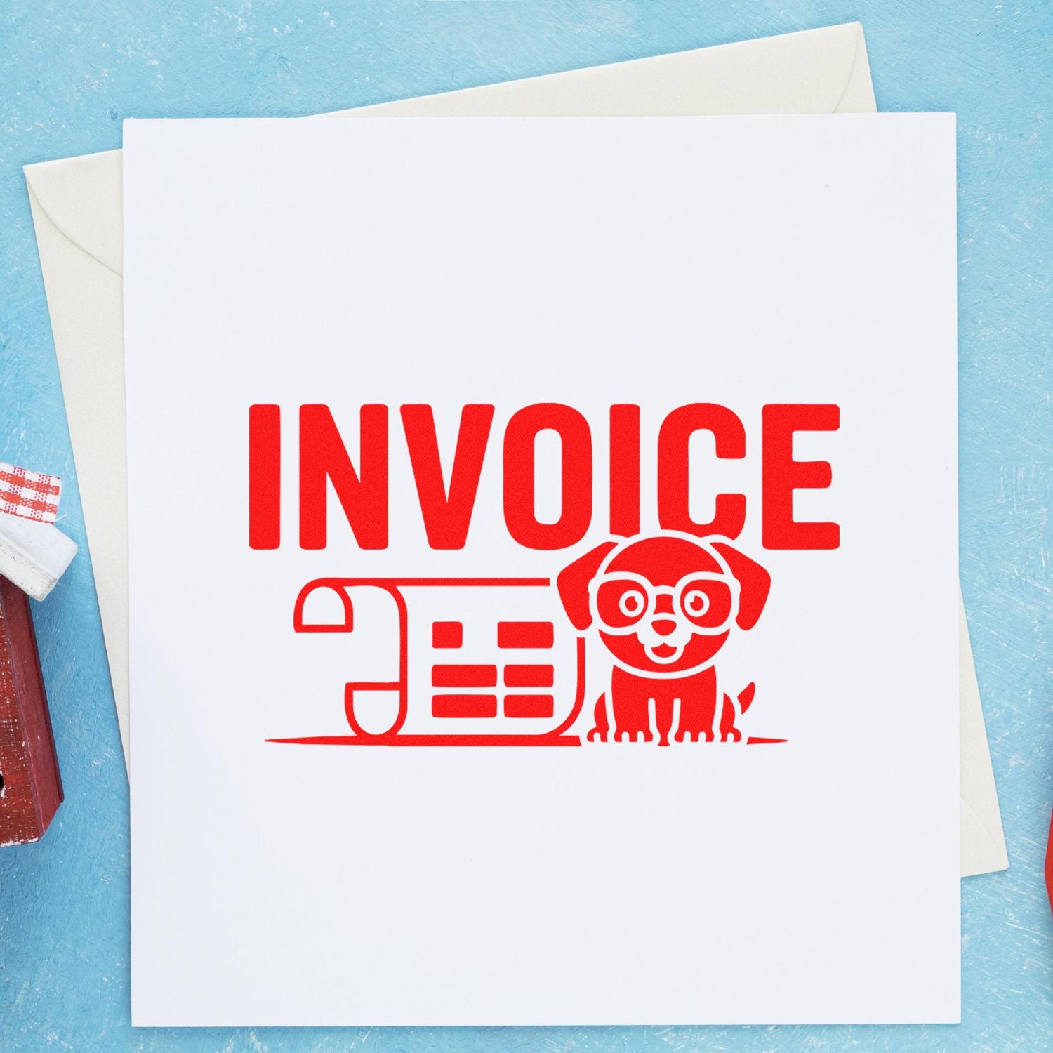 Custom invoice rubber stamp with dog icon for marking business bills and accounting paperwork.