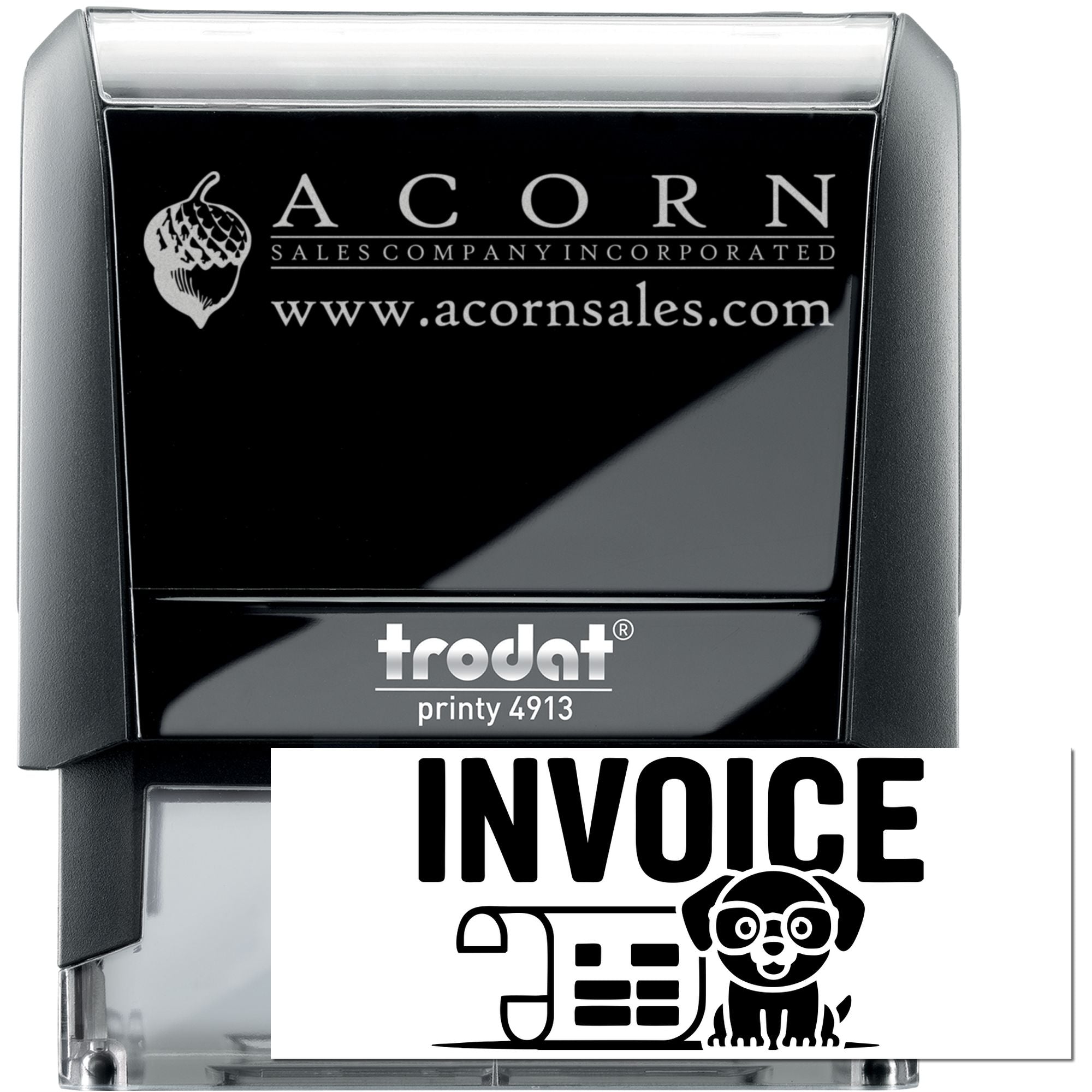 Custom Trodat Printy 4913 self-inking invoice rubber stamp with Acorn Sales logo and website.