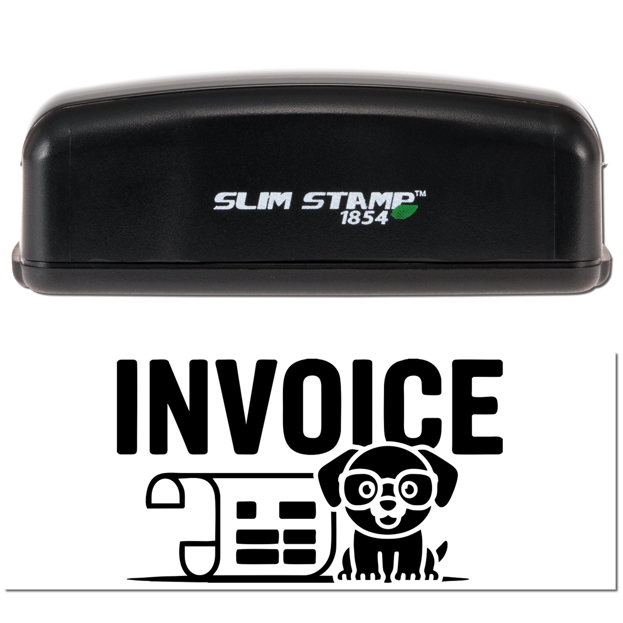 Slim Stamp 1854 self-inking rubber stamp for invoices, featuring bold INVOICE text and dog logo design for office paperwork.