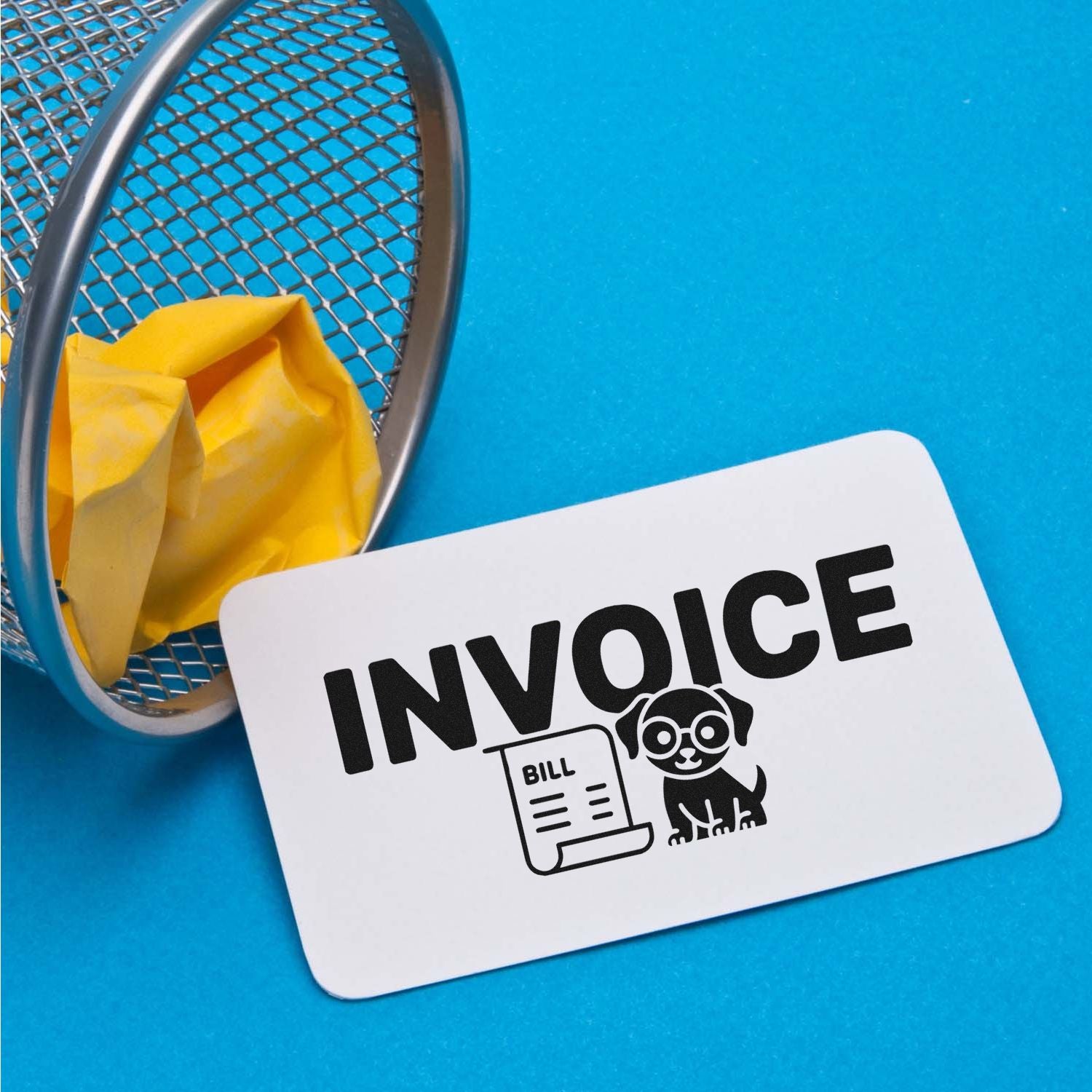 Custom invoice rubber stamp with bill icon and dog illustration for office billing and paperwork.