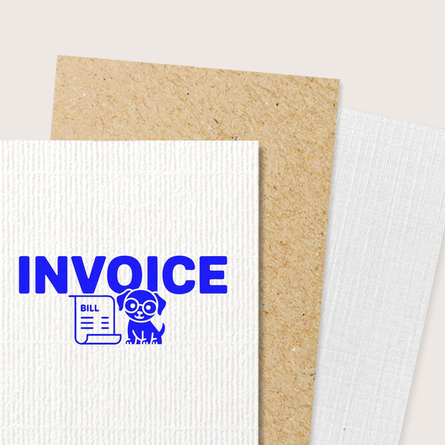 Invoice rubber stamp design with bill icon and dog graphic on textured paper, ideal for business bookkeeping and packaging.