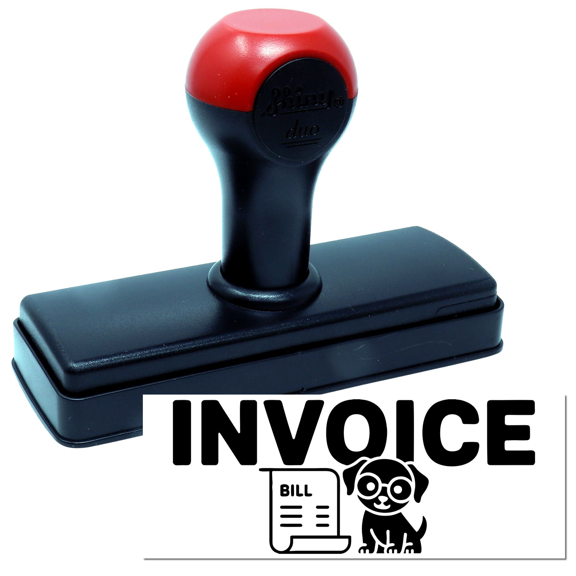 Self-inking invoice rubber stamp with dog and bill icon for pet service billing and office paperwork.