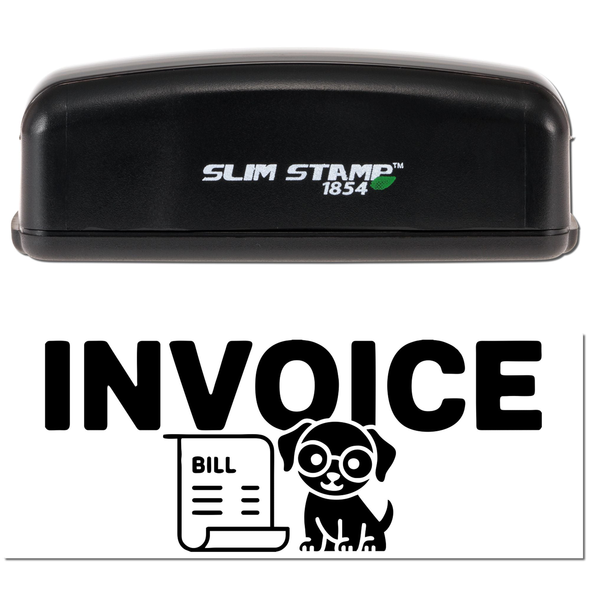 Slim Stamp 1854 custom rubber stamp for invoices, featuring bill icon and dog logo for business paperwork.