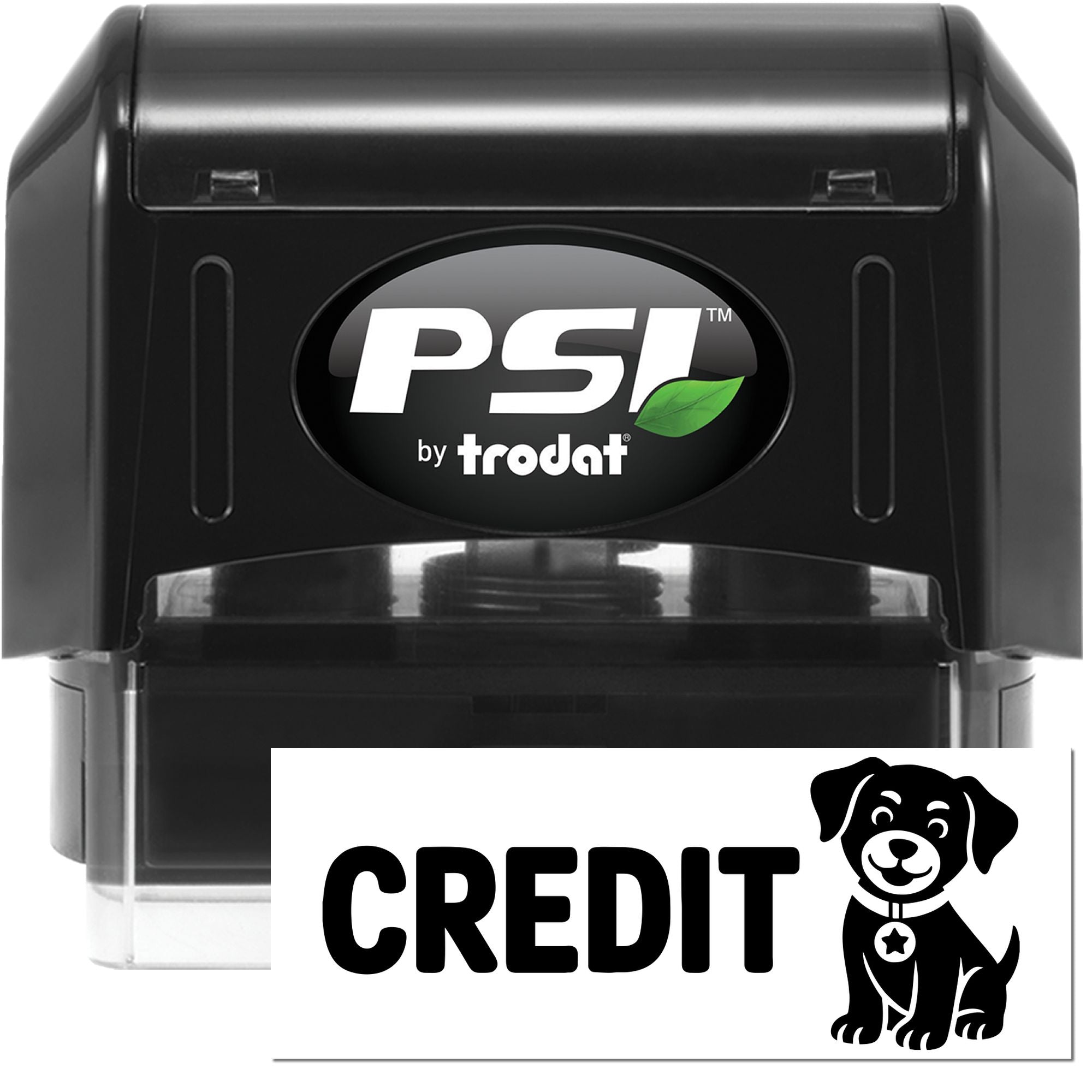 PSI by Trodat self-inking rubber stamp with CREDIT imprint and dog logo for office accounting and approval marking