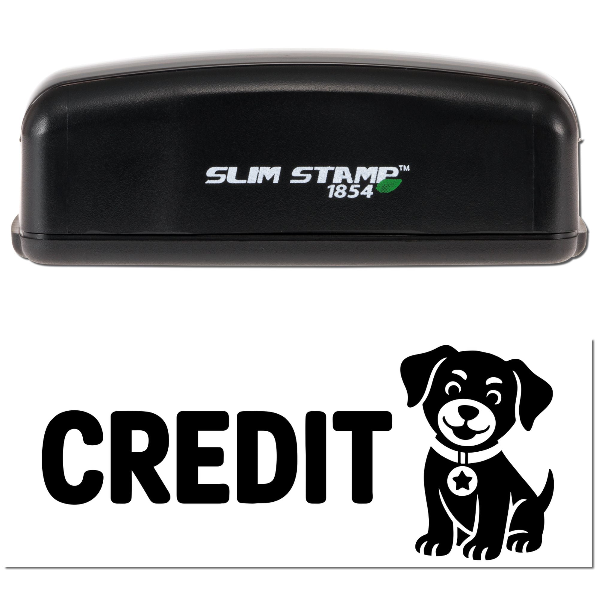 Self-inking CREDIT rubber stamp with Slim Stamp 1854 case for business document and accounting approvals.