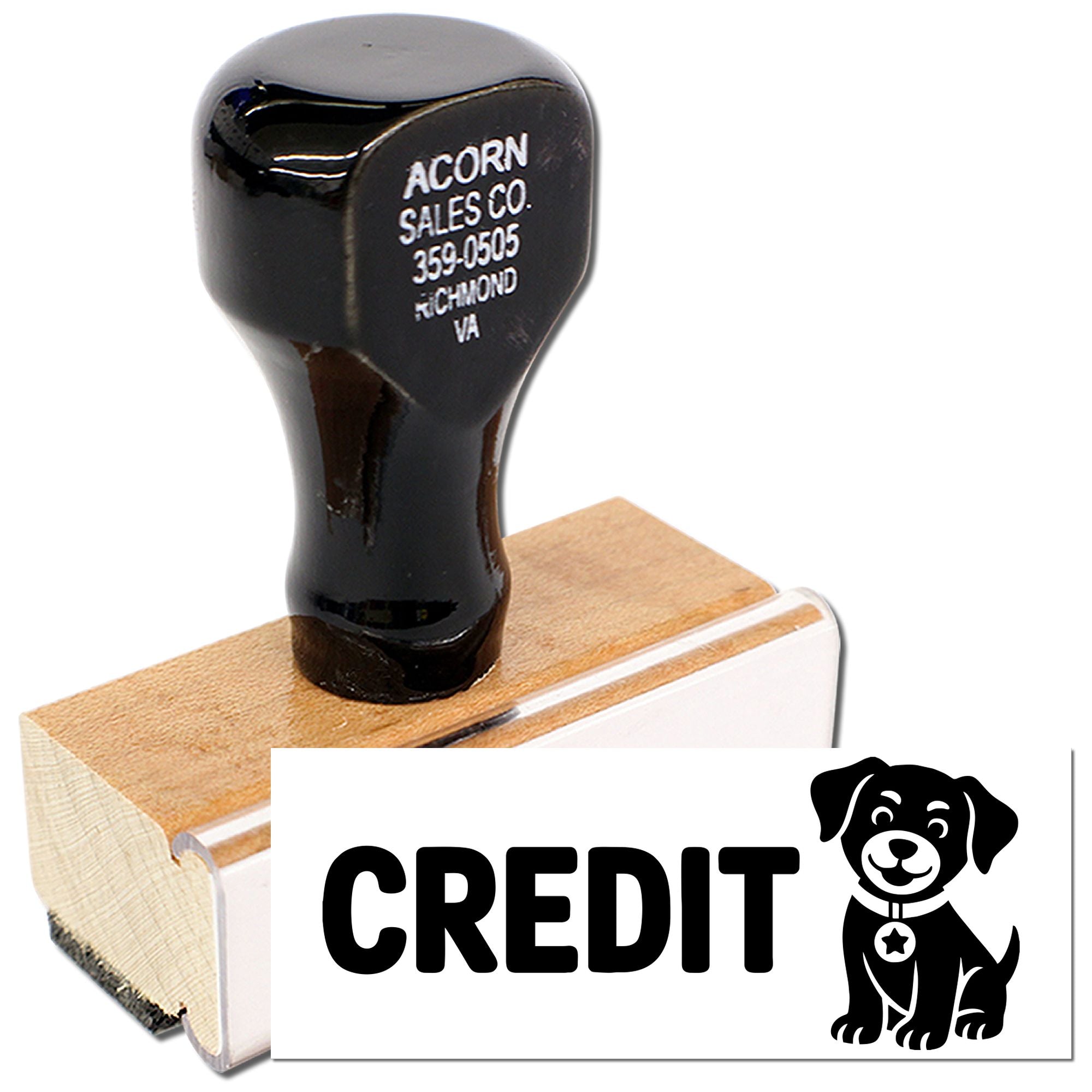 Custom credit rubber stamp with dog logo for accounting, invoices, and business paperwork.