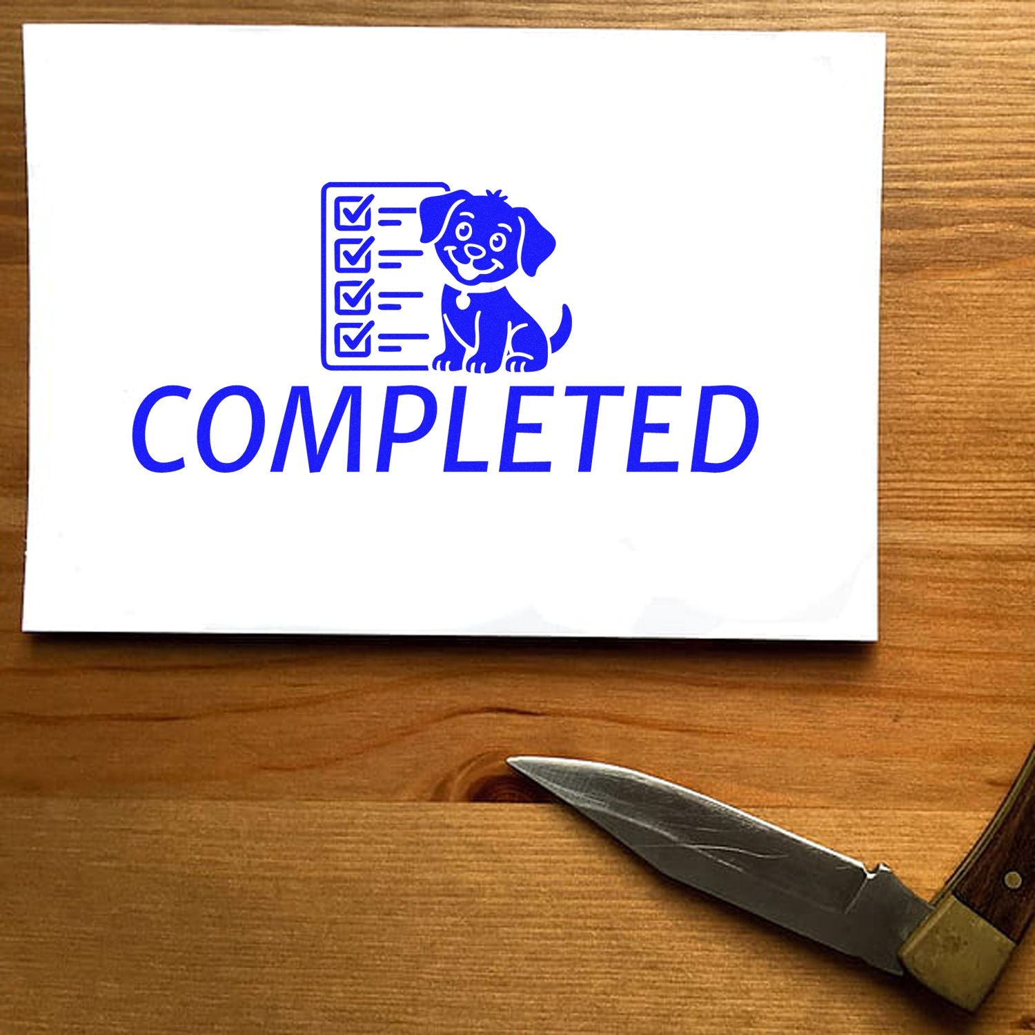 Completed rubber stamp design with puppy checklist icon for office approvals, task tracking and finished paperwork.