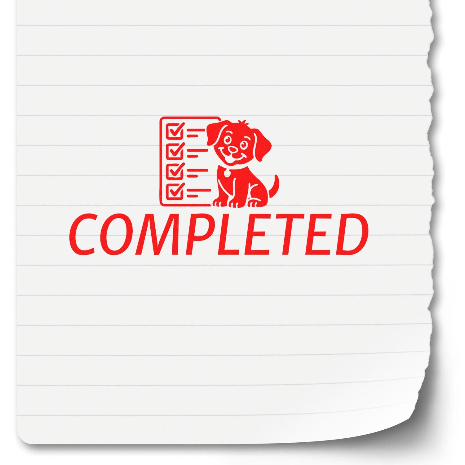 Completed rubber stamp with dog checklist icon, ideal for marking finished pet care, grooming, or kennel tasks.