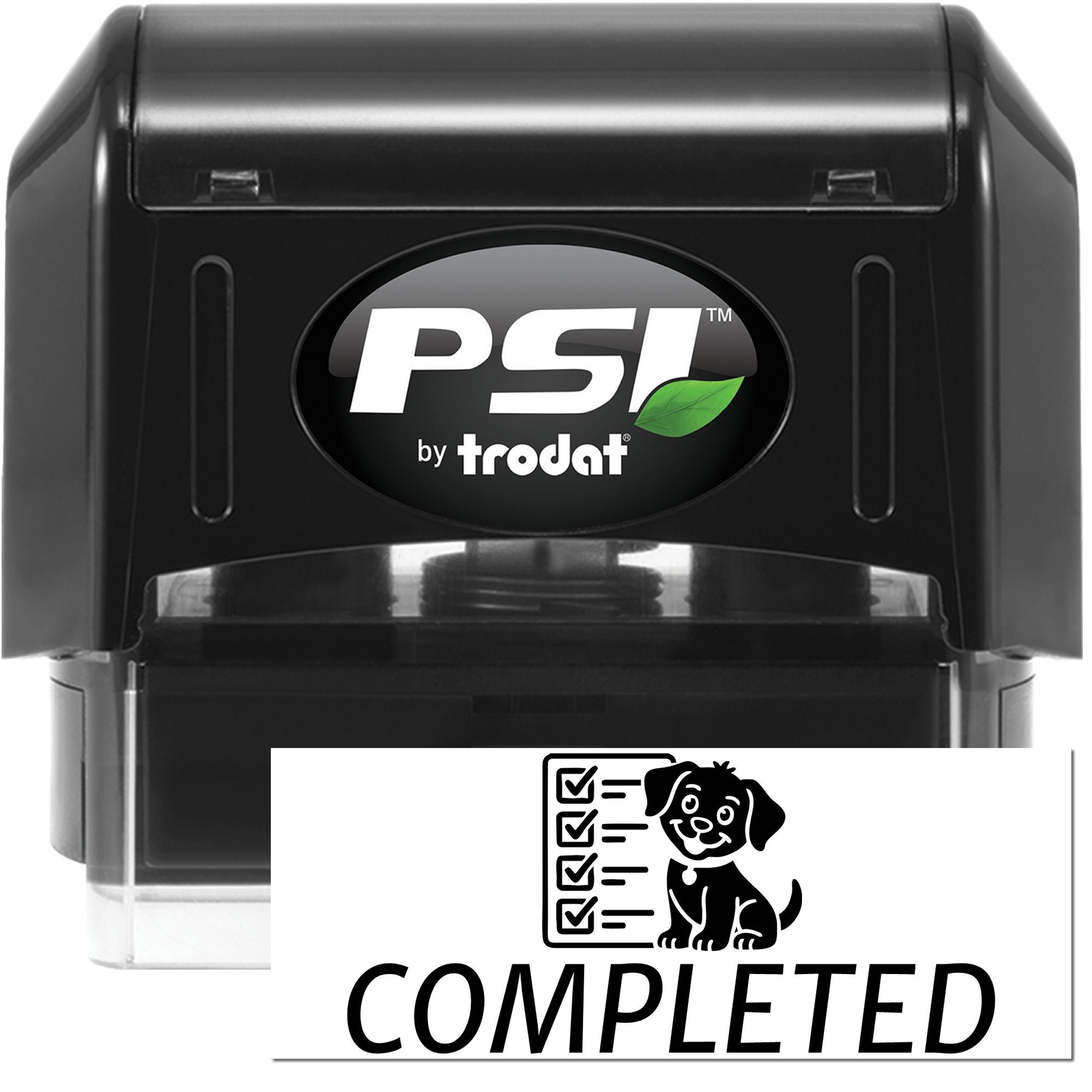 PSI by Trodat self-inking rubber stamp with custom COMPLETED imprint and checklist dog icon for office approvals.