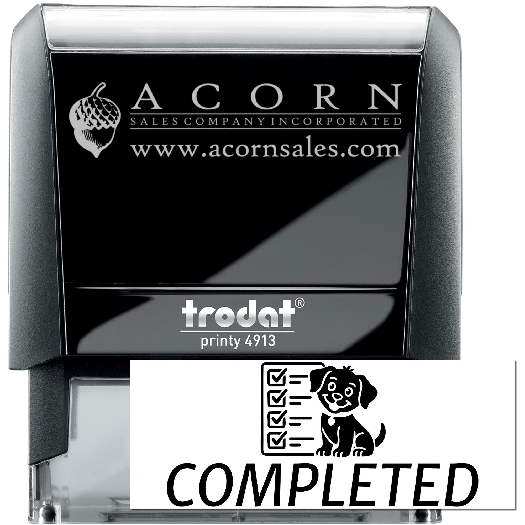 Custom Trodat Printy 4913 self-inking rubber stamp with Acorn Sales logo and completed dog checklist design.