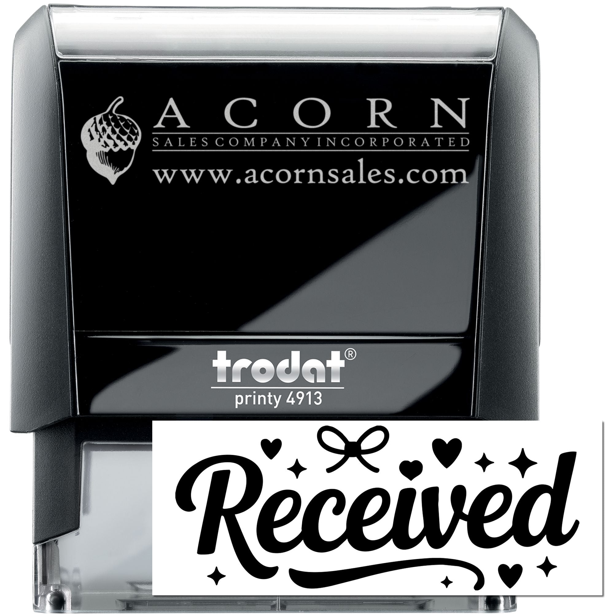 Custom self-inking rubber stamp with Acorn Sales Company logo and website, Trodat Printy 4913.