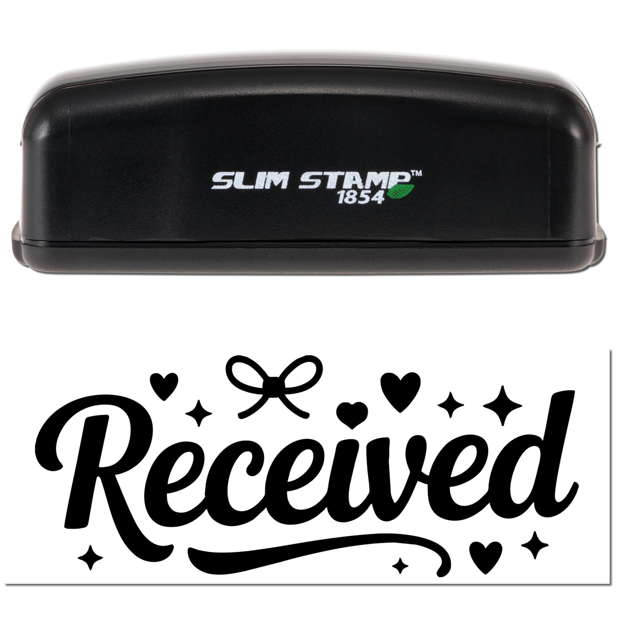 Slim Stamp 1854 self-inking rubber stamp with Received message and decorative hearts and bow for mail or office use.