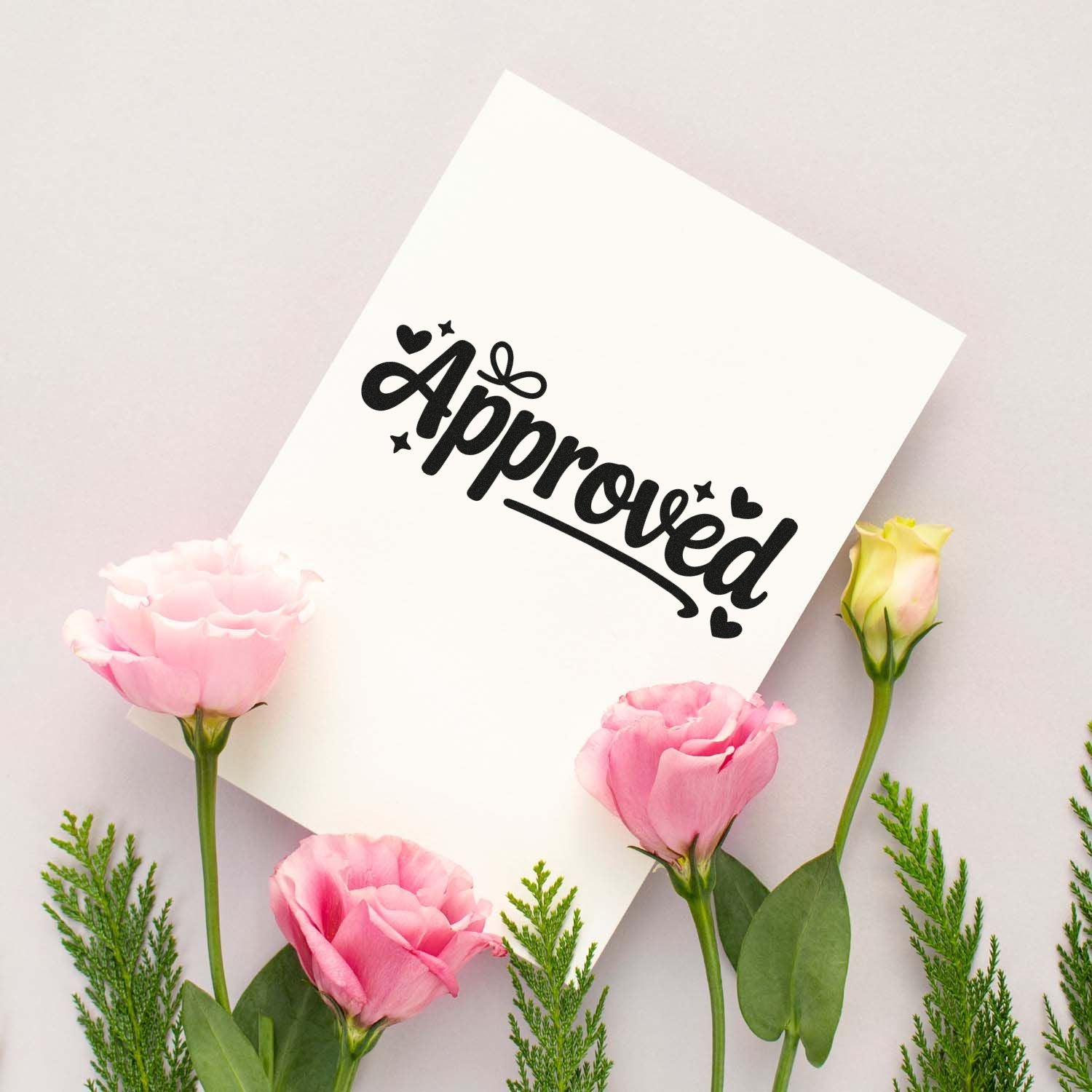 Approved rubber stamp mockup on floral card, ideal for custom business stamps, office approvals, and packaging.