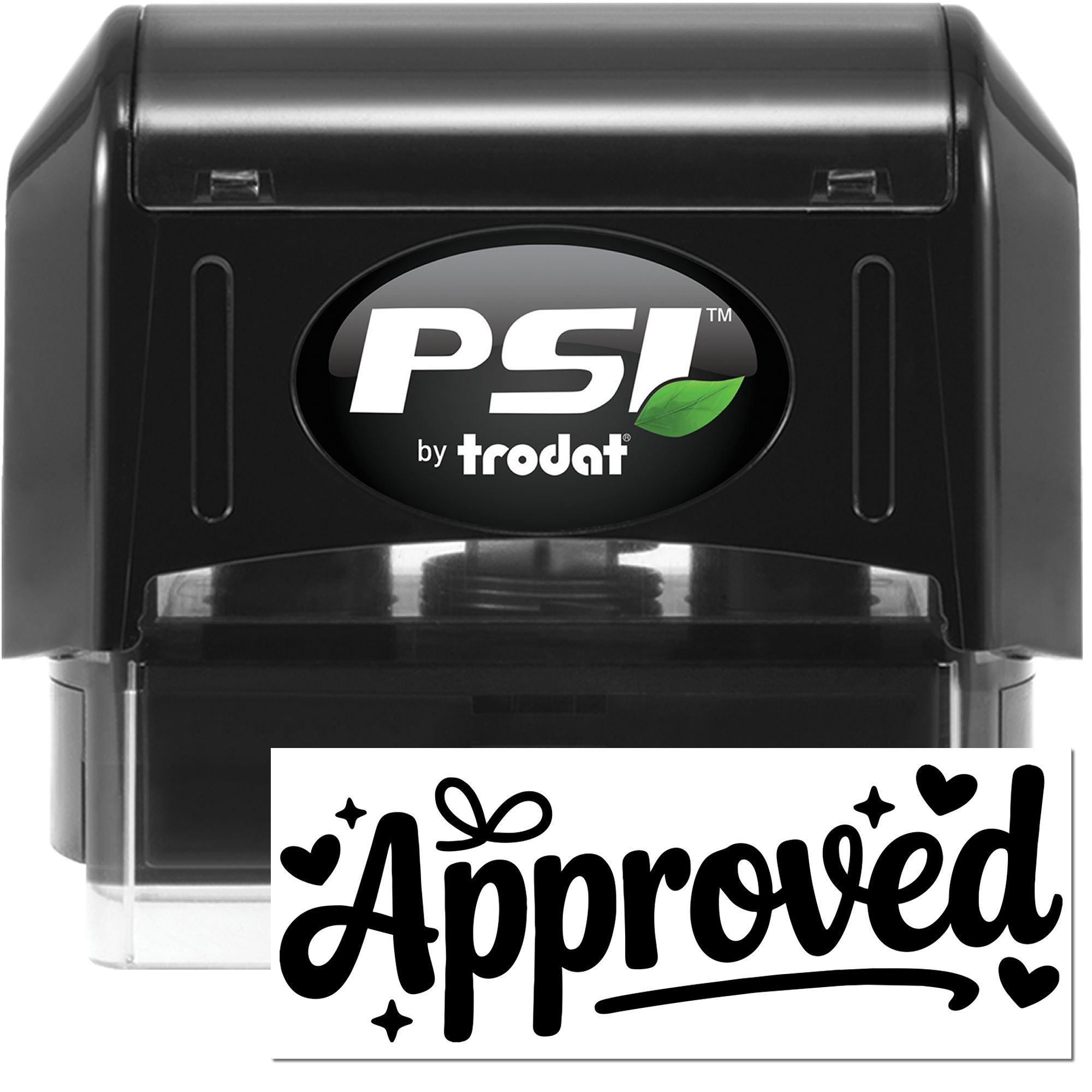 PSI by Trodat self-inking rubber stamp with Approved imprint for office documents and business approval marking.