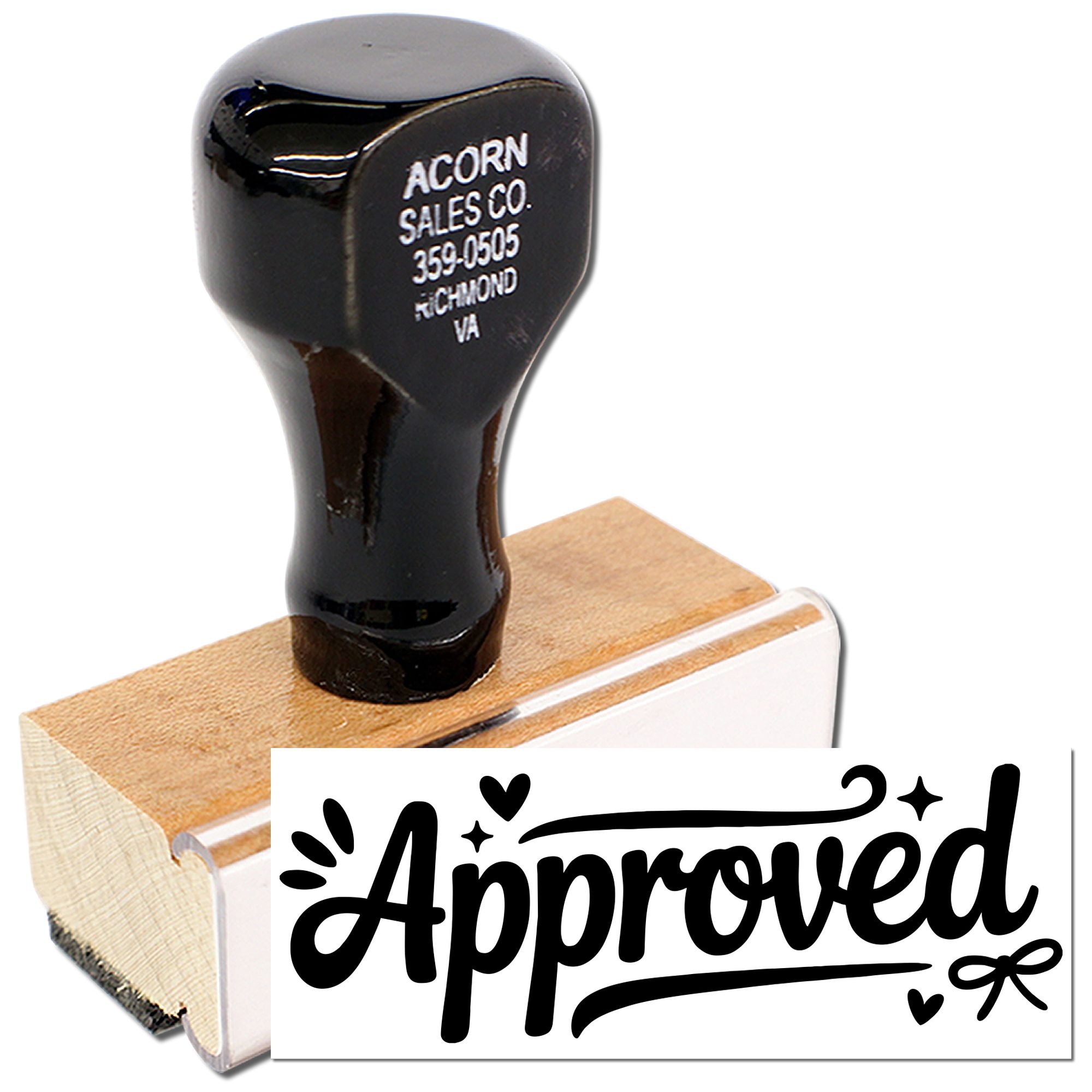 Custom business rubber stamp with Approved design on wooden handle, ideal for office paperwork and document approval.