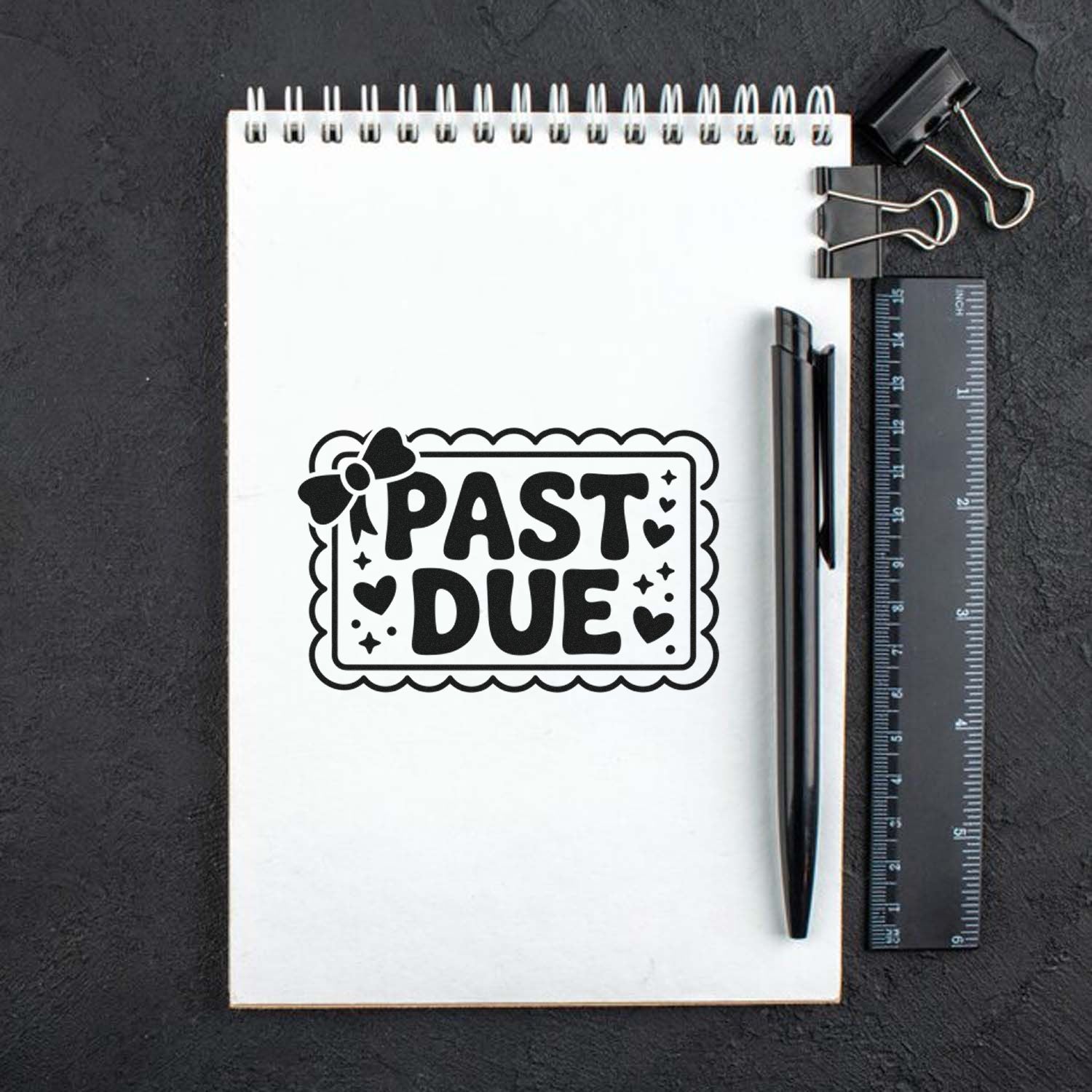 Past Due rubber stamp design on notepad, ideal for late payment reminders, billing notices, and office use.
