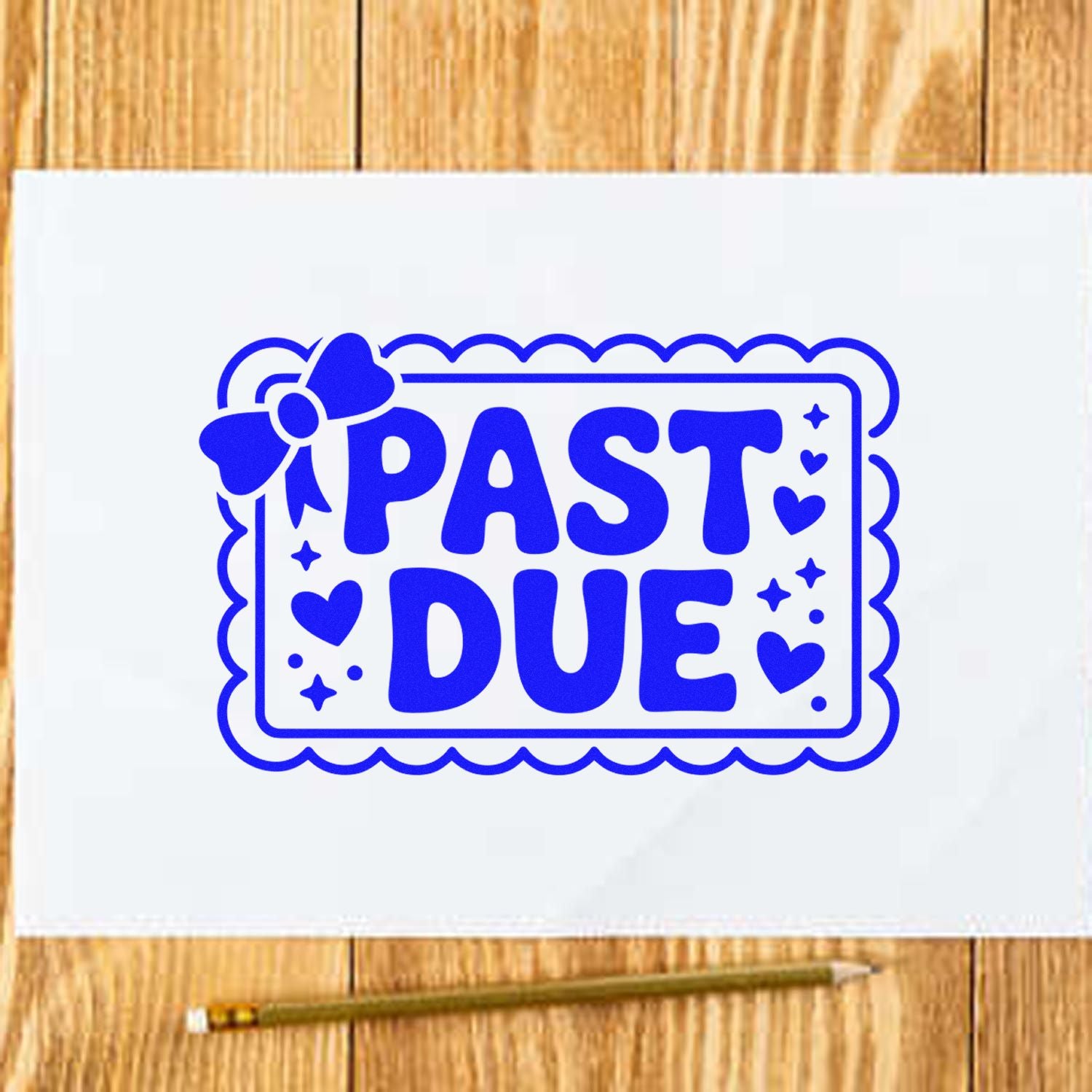 Blue Past Due rubber stamp design with hearts and bow for overdue invoices and payment reminder notices.