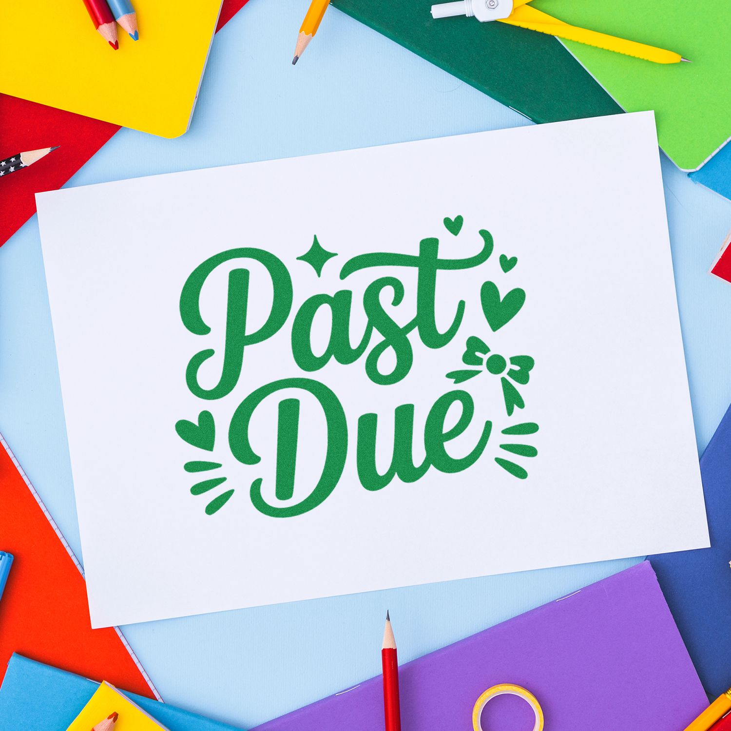 Green Past Due rubber stamp impression for deadline notices, office paperwork, and grading reminders.