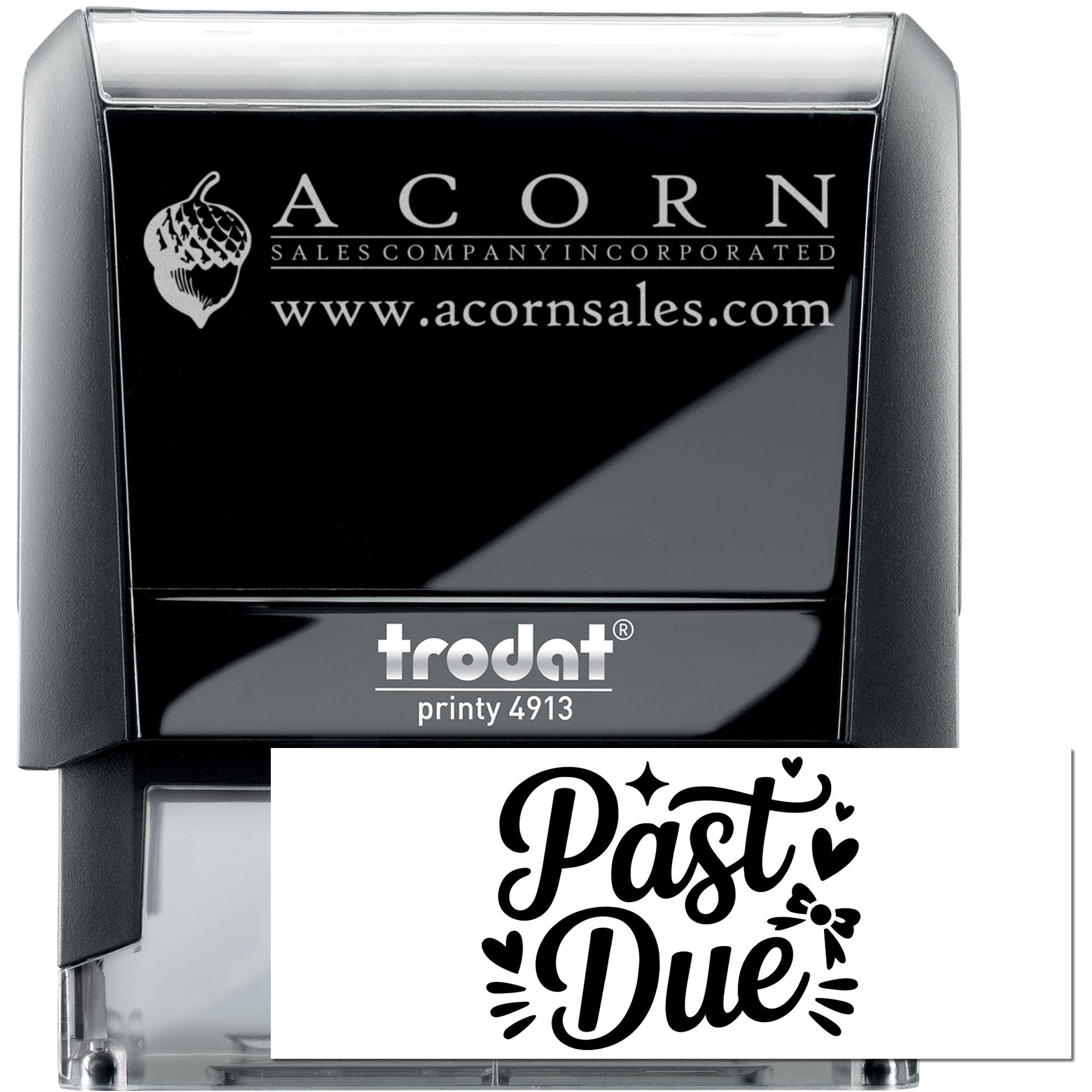 Trodat Printy 4913 self-inking rubber stamp with custom Acorn Sales logo and Past Due imprint sample