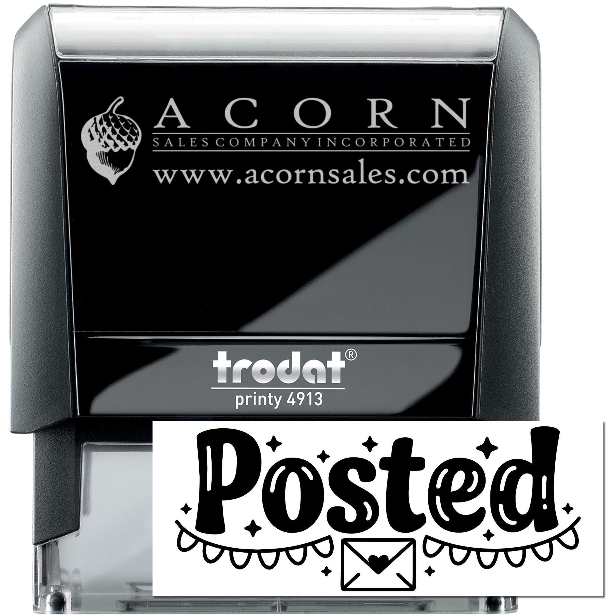 Custom self-inking rubber stamp for business mailings, featuring Acorn Sales logo and Posted design.
