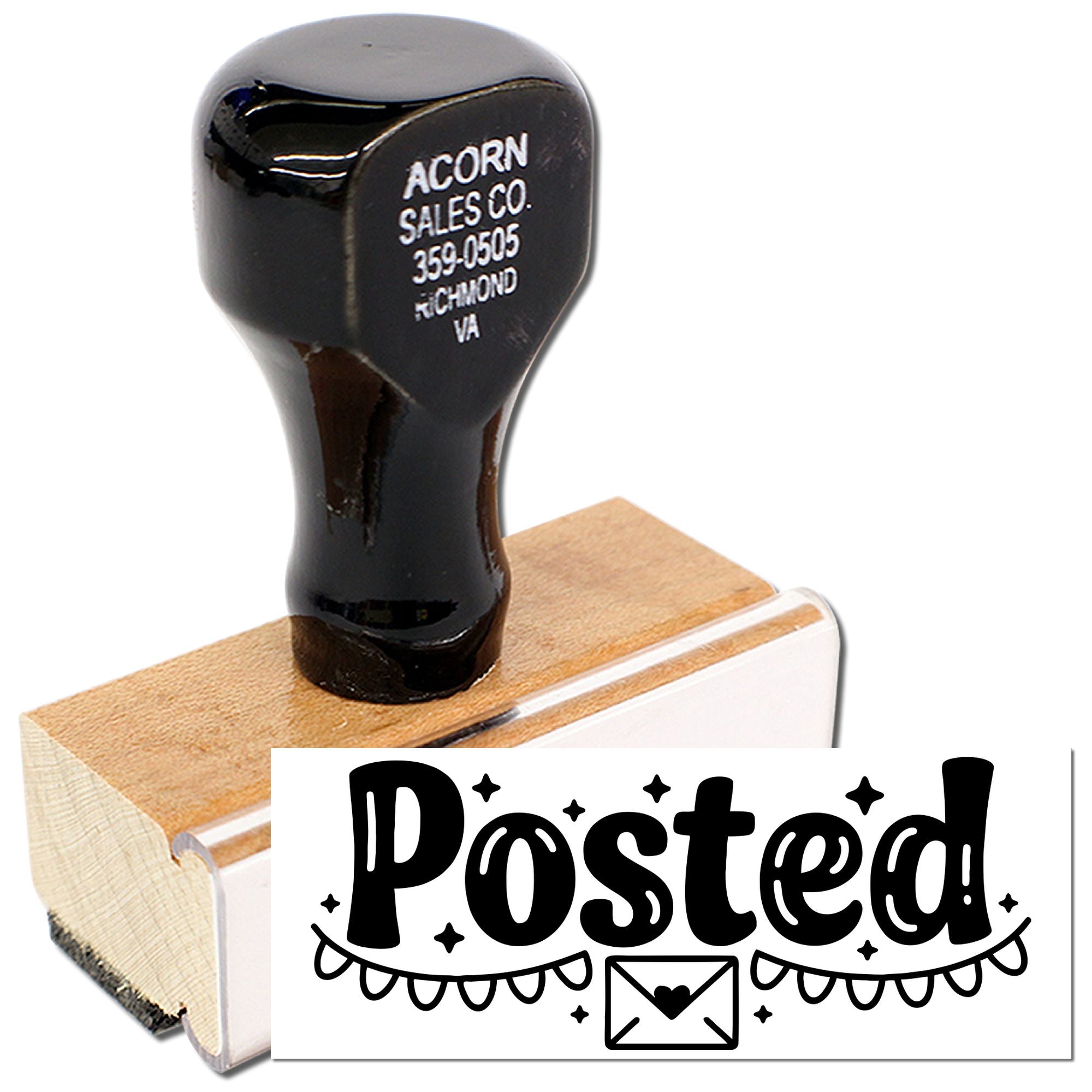 Custom rubber stamp with Posted! design for mailing and office document marking, shown with business return address.