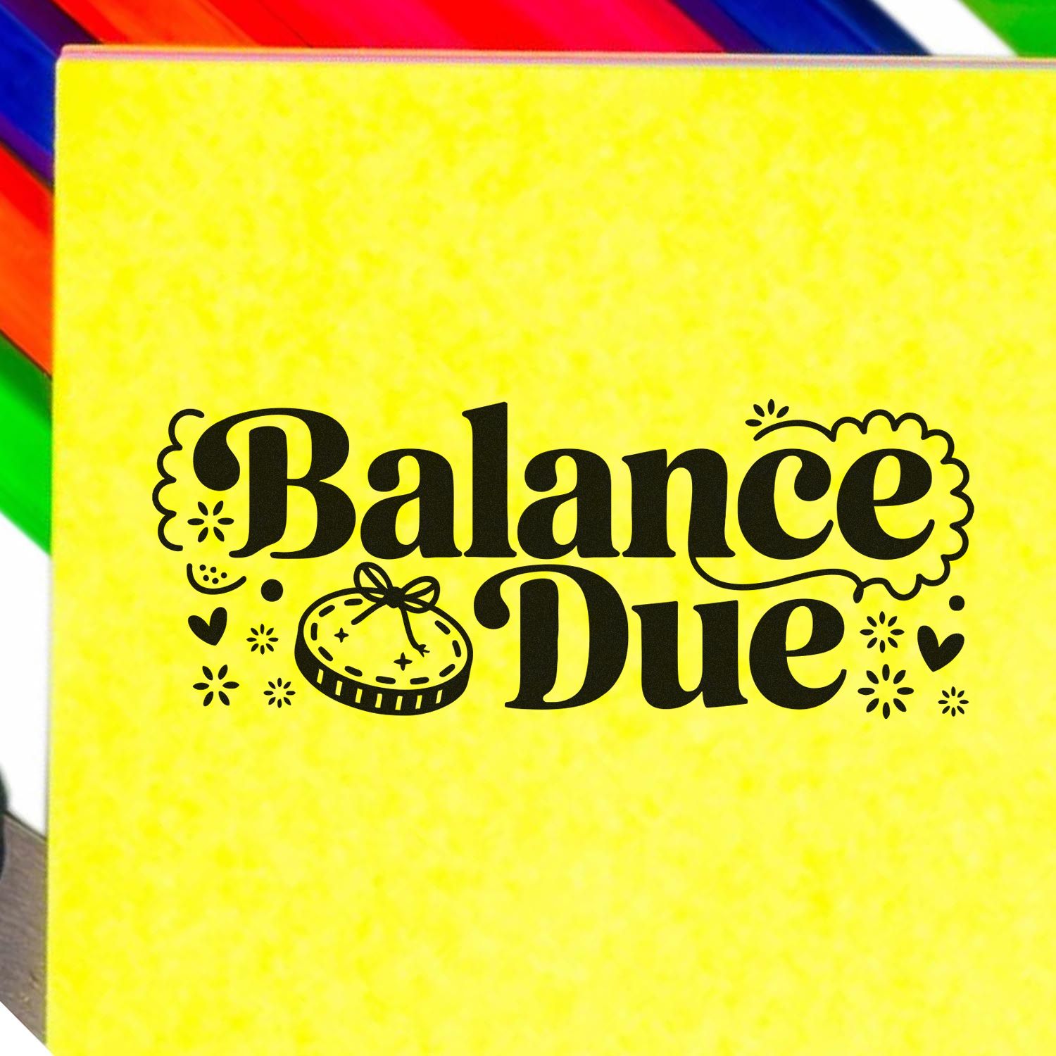 Balance Due rubber stamp for invoices and accounting notices, featuring decorative lettering and a receipt icon.