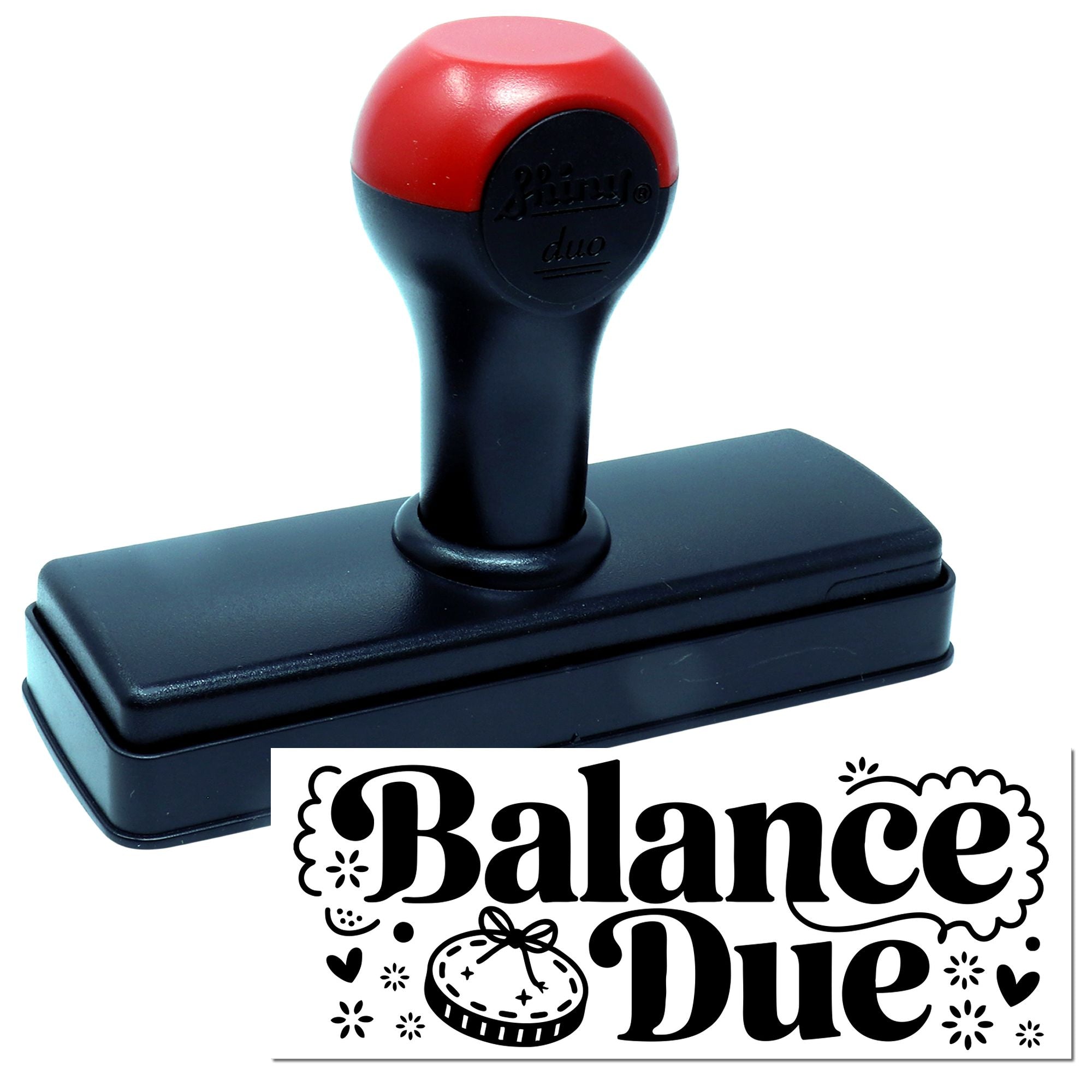 Self-inking rubber stamp with Balance Due imprint for invoices, billing reminders, and accounts payable.