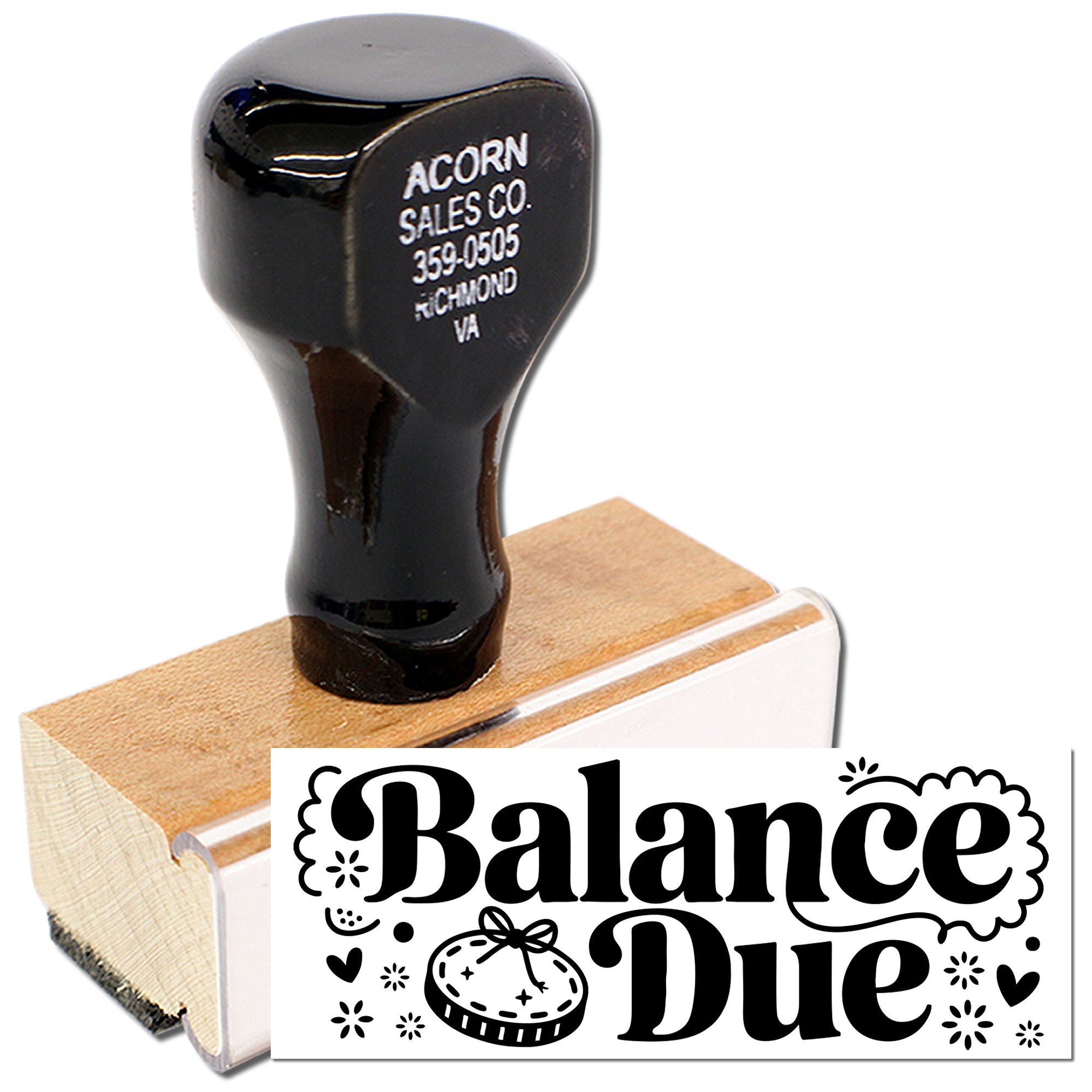 Custom Balance Due rubber stamp with wooden handle for invoices, accounting records, and office billing.