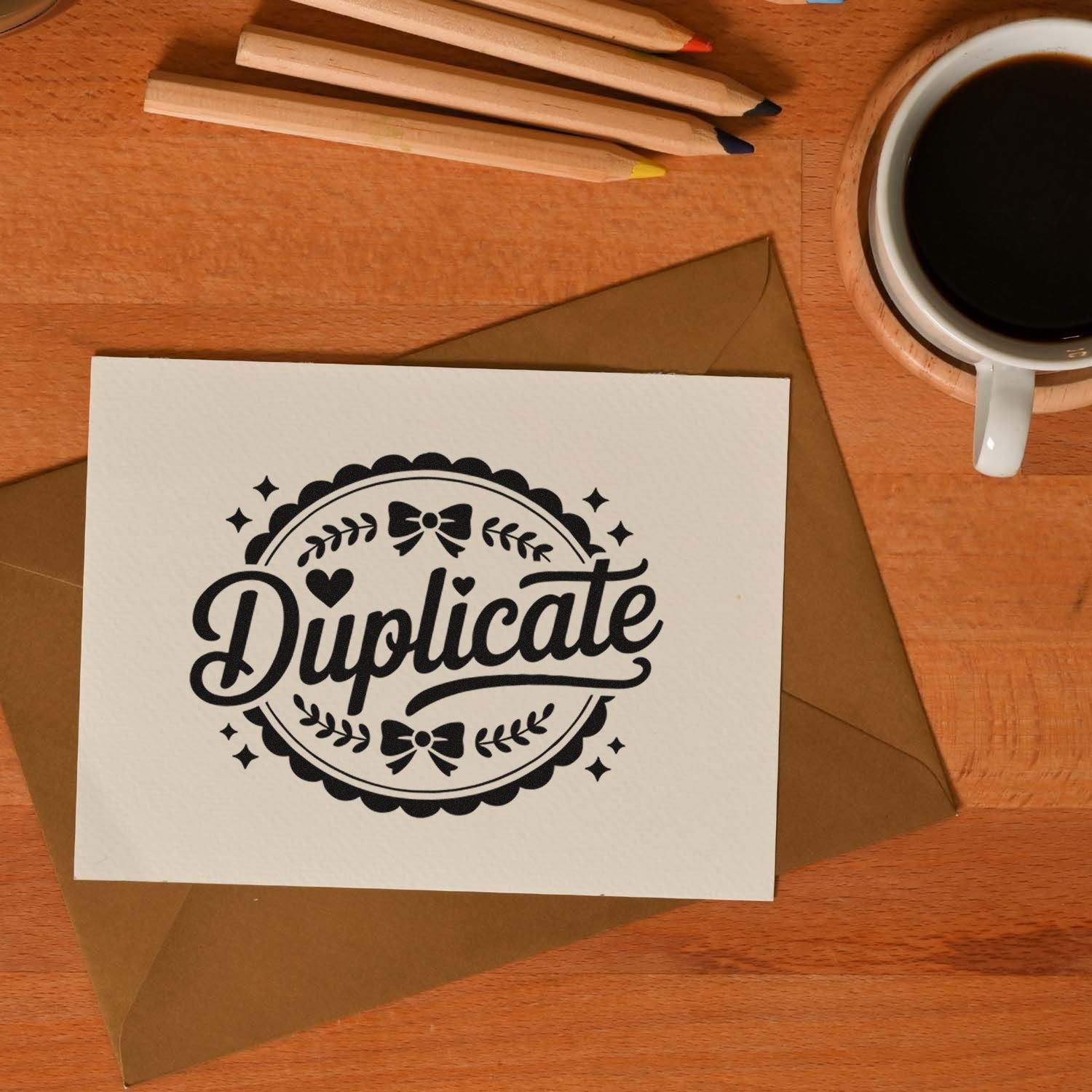 Decorative Duplicate rubber stamp on card with envelope, pencils, and coffee for office mail sorting and document labeling.