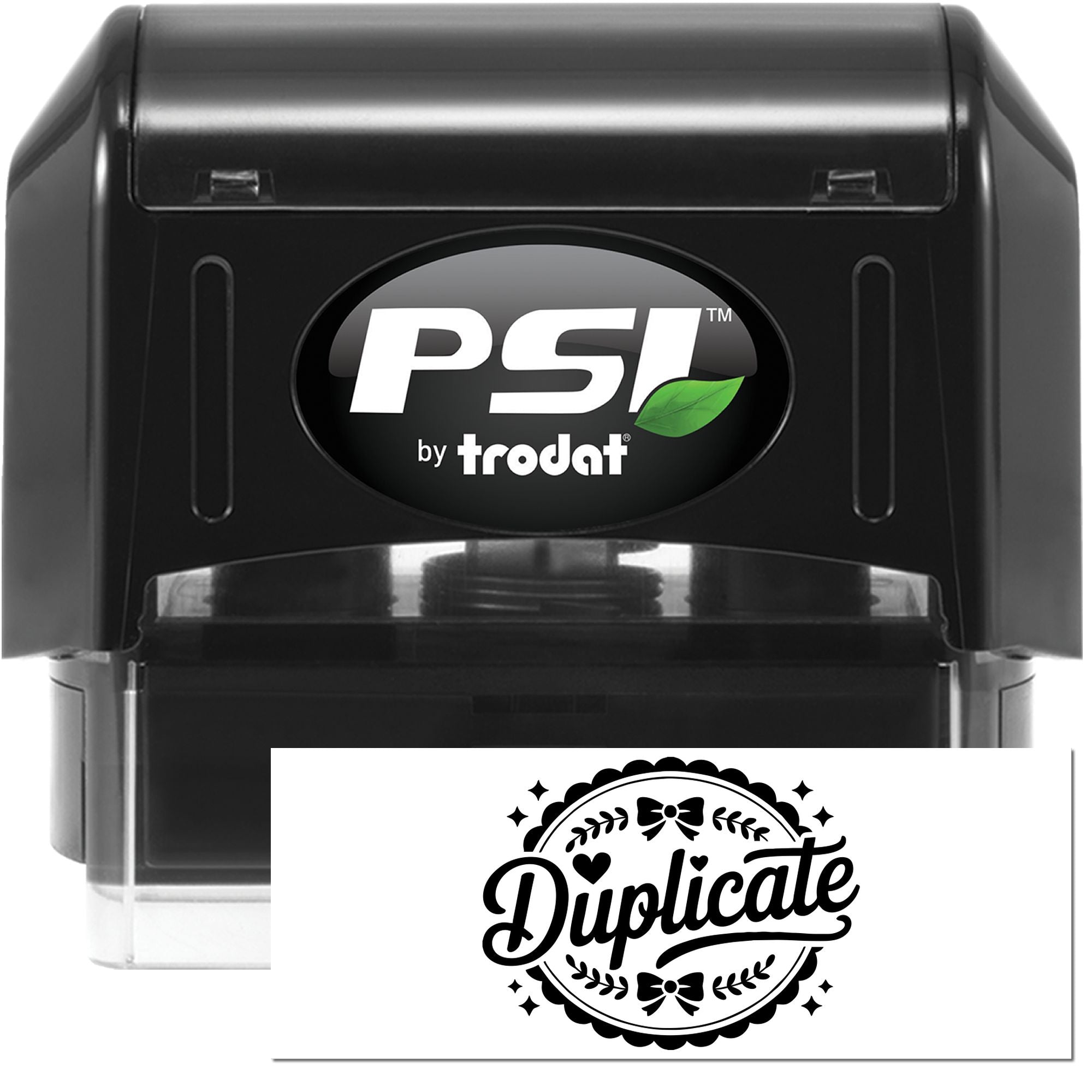 PSI by Trodat self-inking rubber stamp with Duplicate imprint for office document copying and labeling.