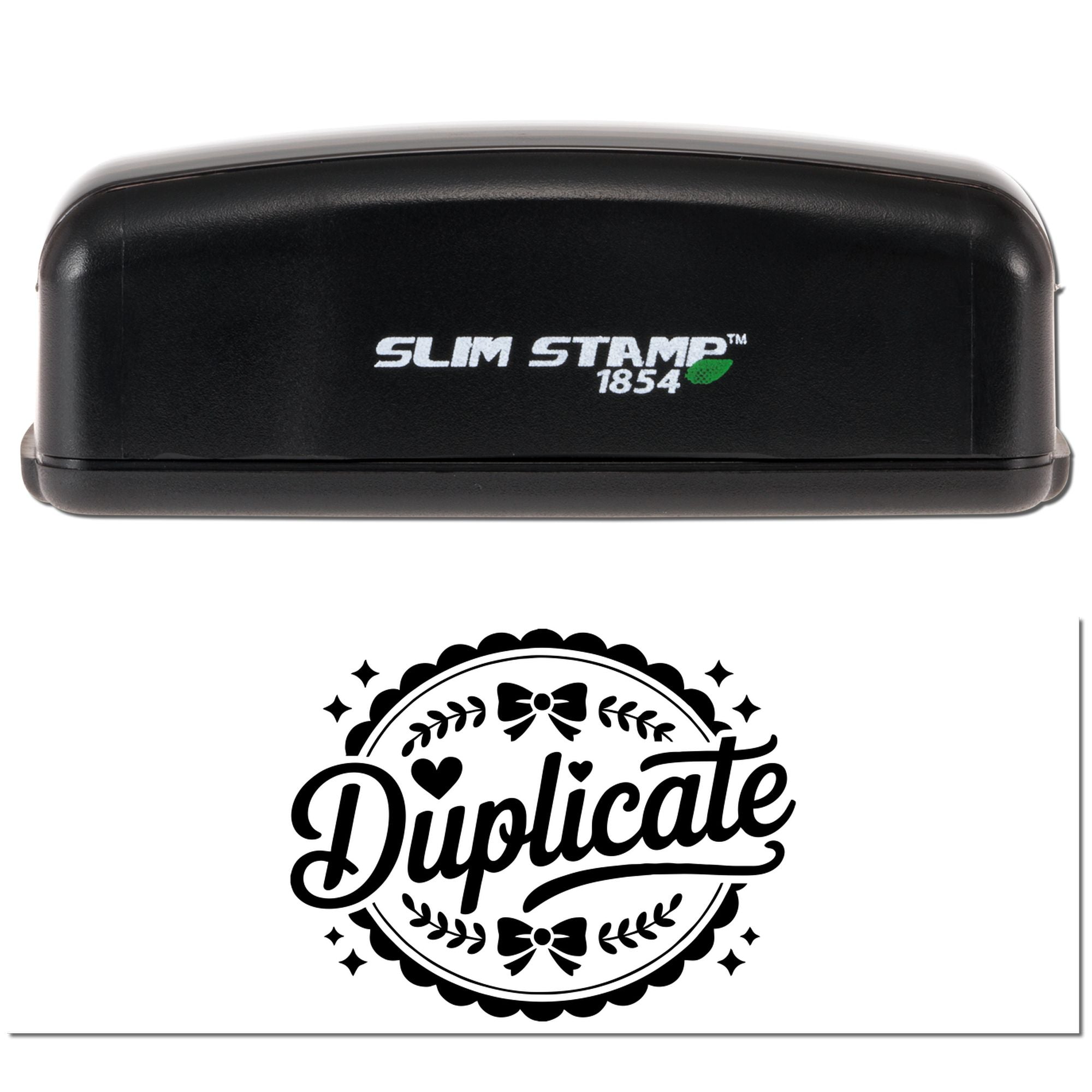 Slim Stamp 1854 rubber stamp showing a decorative Duplicate imprint for office document copy labeling