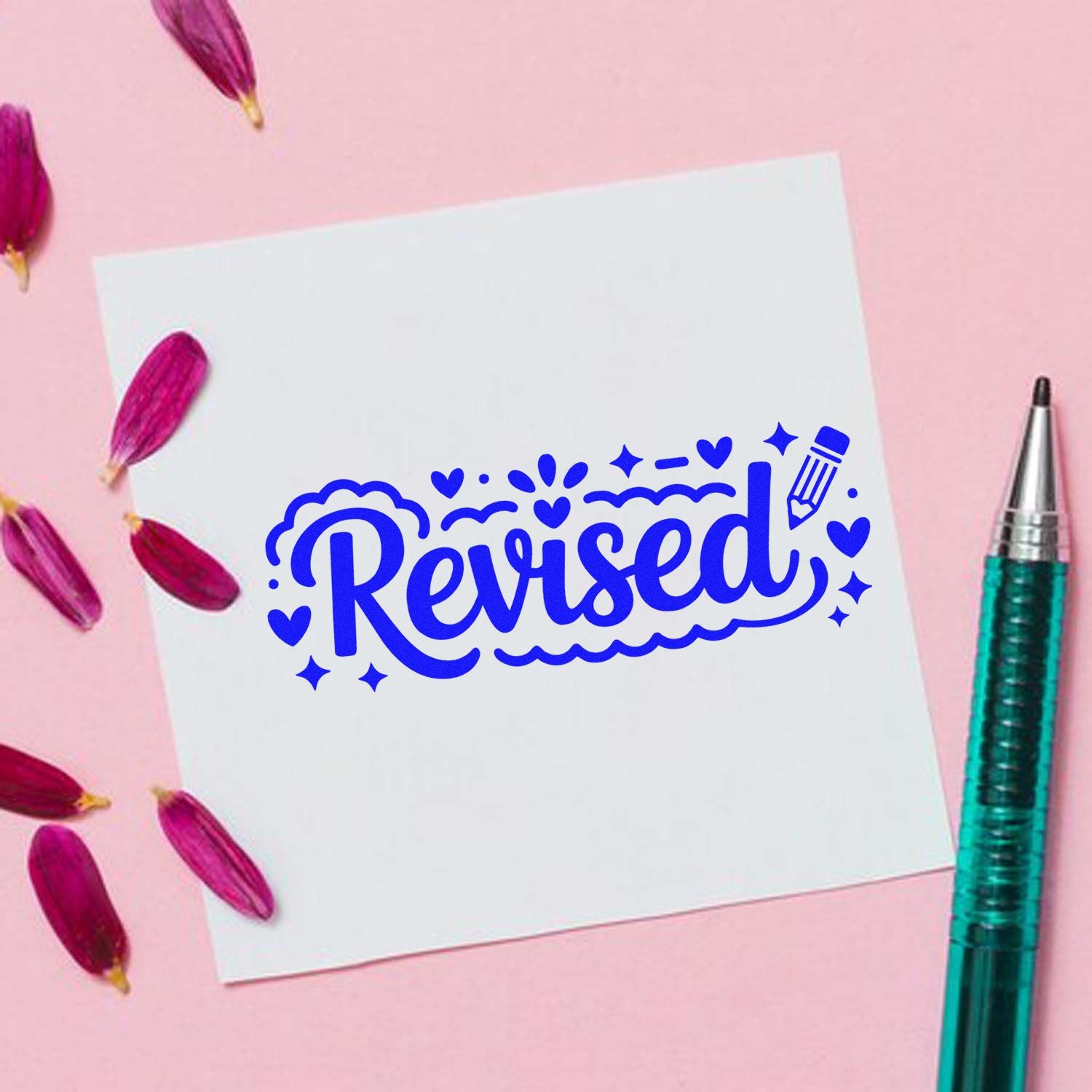 Revised rubber stamp design with hearts and pencil icon for marking updated documents, notes, and planner pages.
