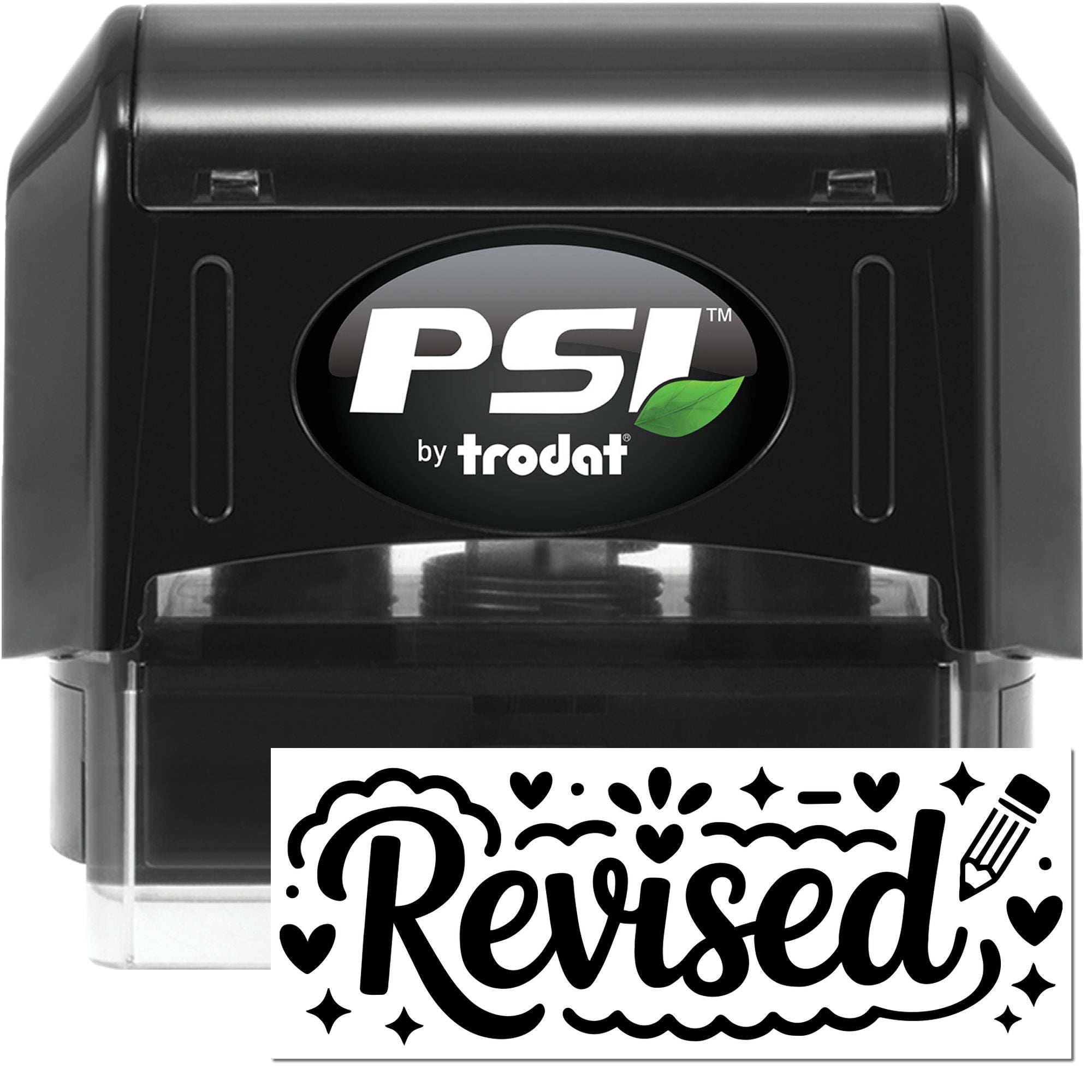 PSI by Trodat self-inking rubber stamp with Revised imprint for office document approval and record updates