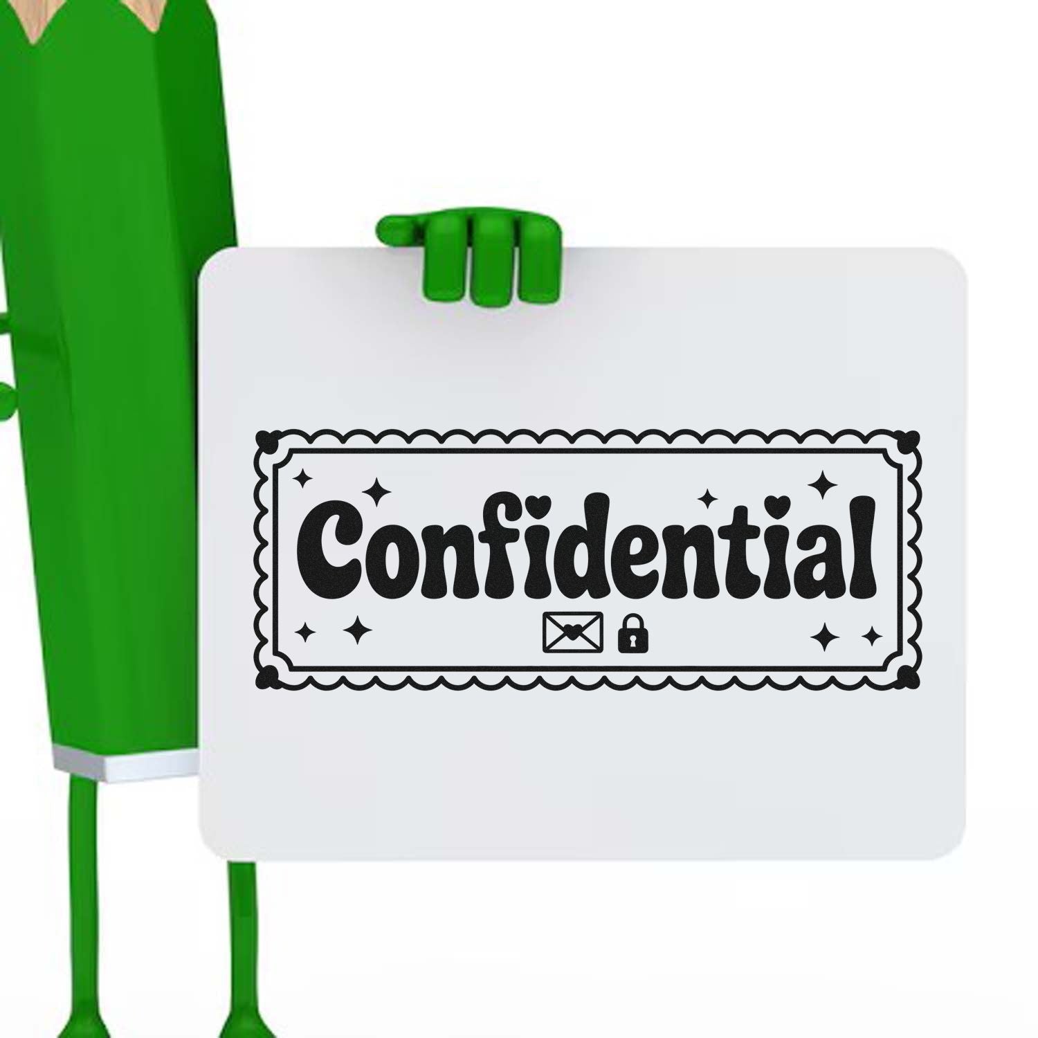 Green character holding a Confidential rubber stamp design for privacy labeling, secure document marking, and office use.