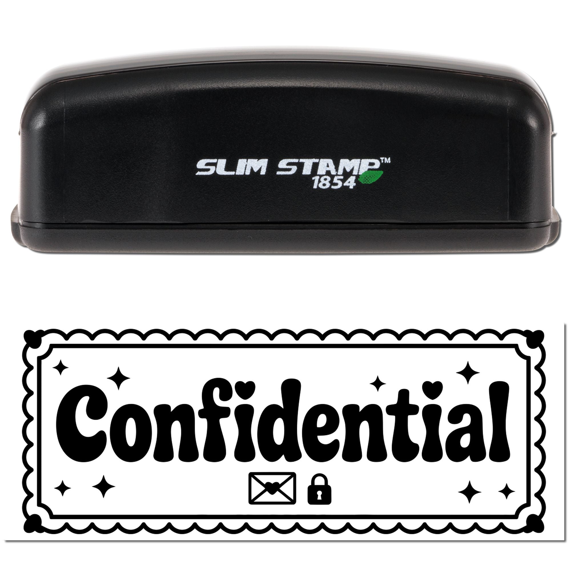 Slim Stamp 1854 confidential rubber stamp for marking private documents with a secure envelope and lock design.