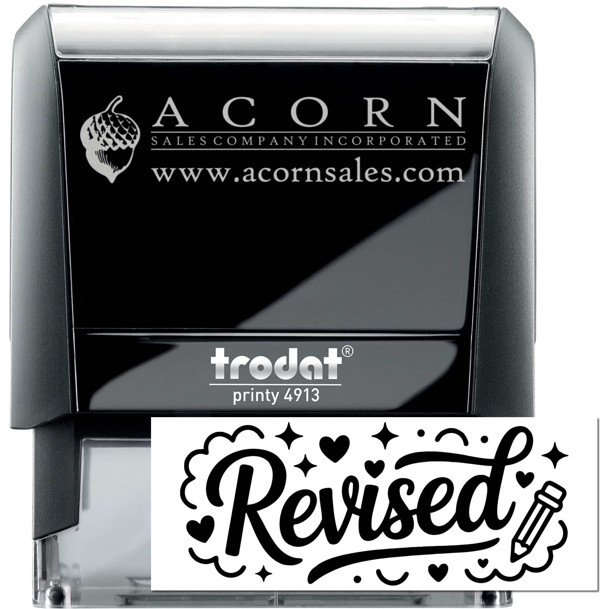 Custom Trodat Printy 4913 self-inking rubber stamp with Acorn Sales Company logo and website branding.