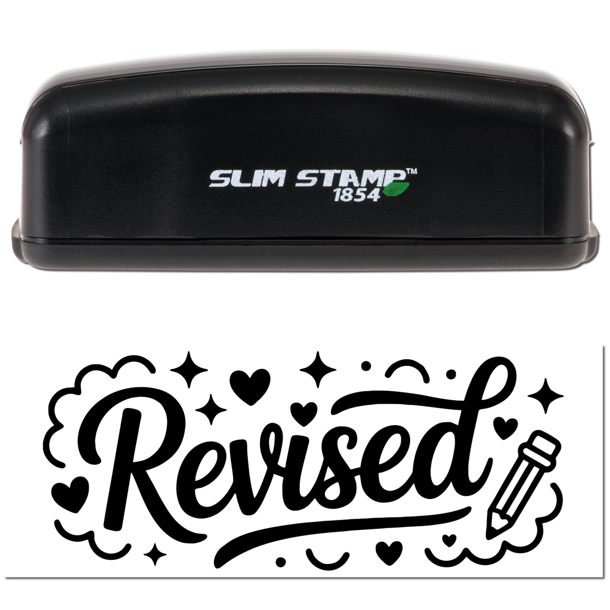 Slim Stamp 1854 custom rubber stamp with Revised design for marking updated office documents.