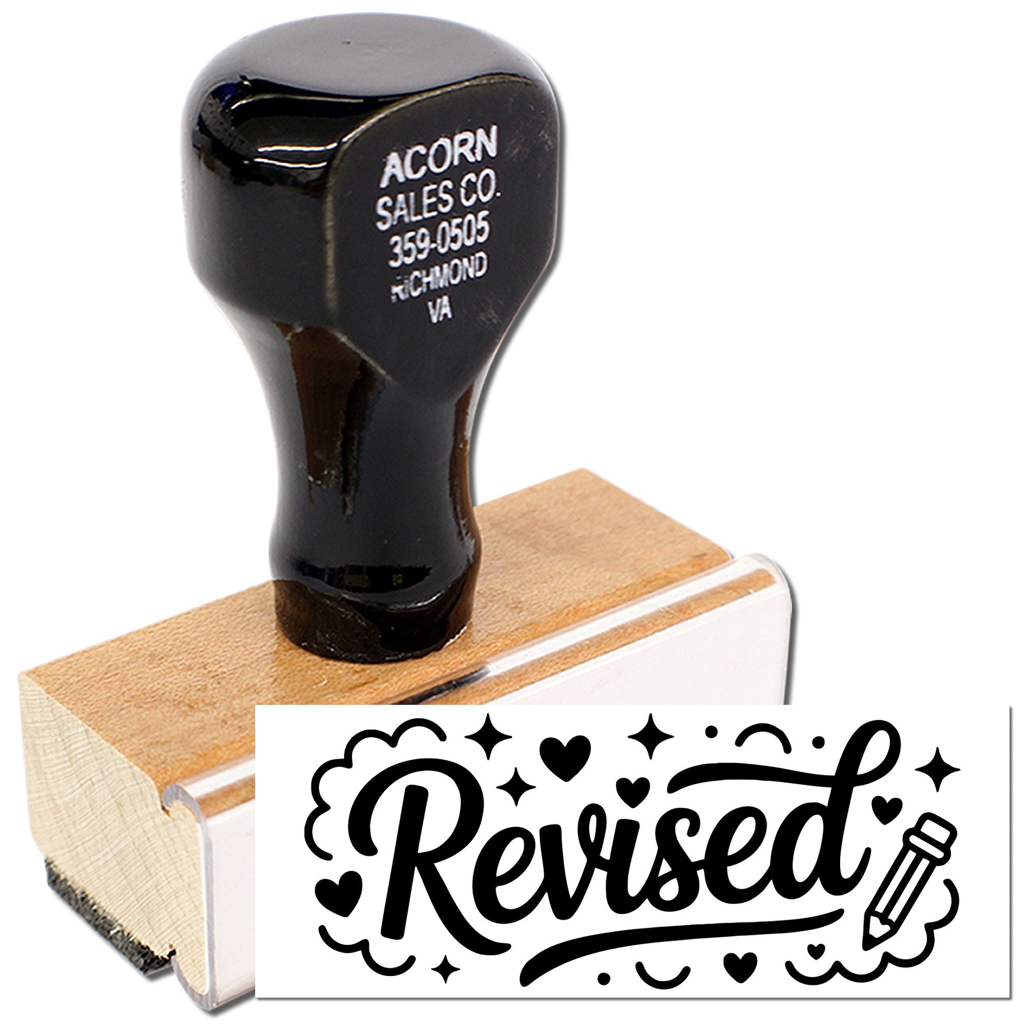Revised rubber stamp for marking updated documents, featuring bold script and pencil icon.