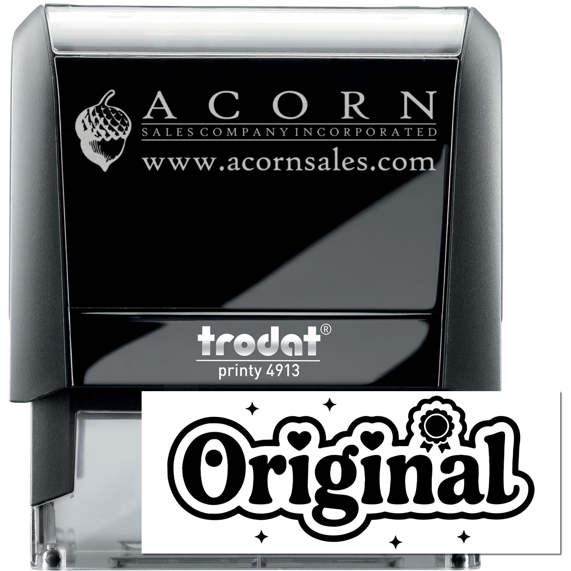 Custom business rubber stamp with Acorn Sales Company logo, website, and Original design, Trodat Printy 4913