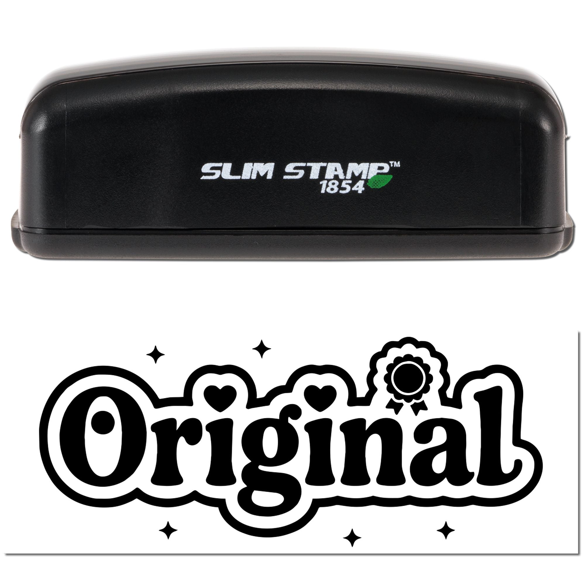 Slim Stamp 1854 self-inking rubber stamp with Original imprint and decorative hearts, stars, and award icon